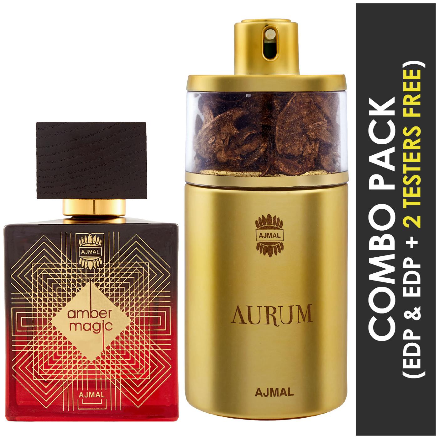 

Ajmal Amber Magic EDP Spicy Aromatic Perfume 100ml for Men and Ajmal Aurum EDP Fruity Floral Perfume 75ml for Women