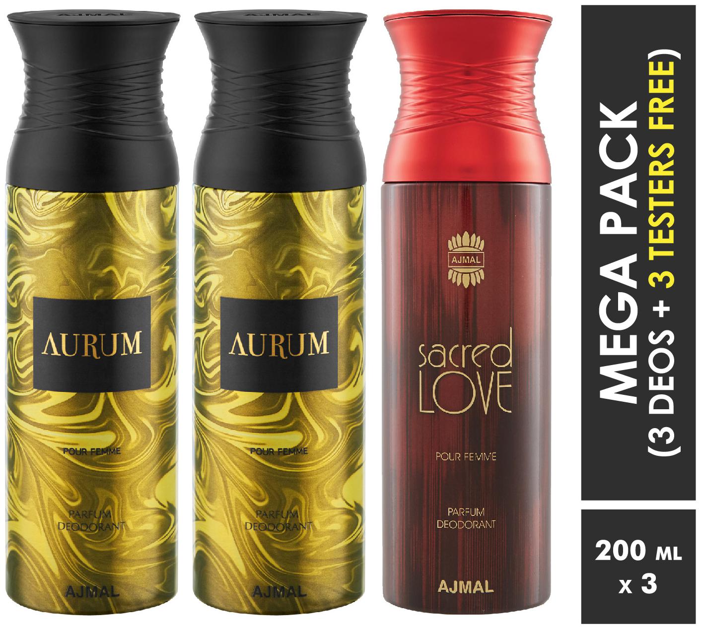 

Ajmal Aurum Aurum Sacred Love Deodorant Spray For Women 200ml each (Pack of 3 600ml) 3 Parfum Testers Free