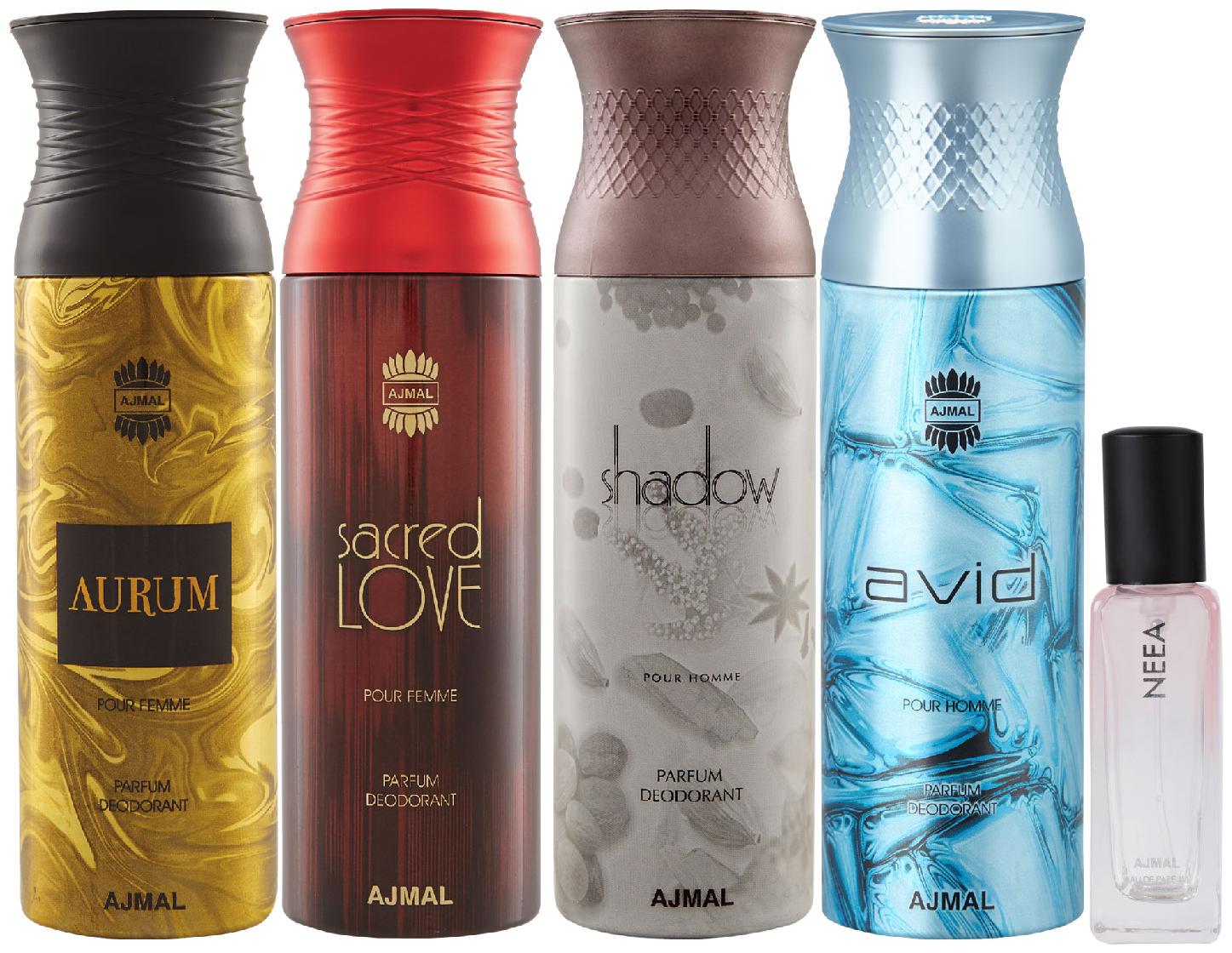 

Ajmal Aurum Sacred Love Shadow Homme Avid Deo each 200 ml Neea EDP 20 ml Pack of 5 for Men Women