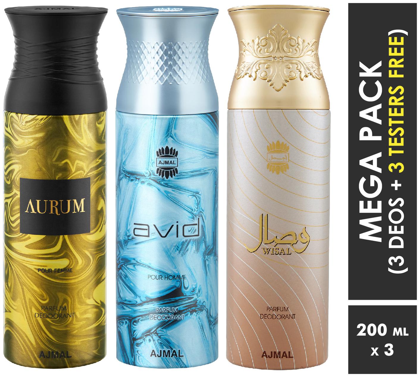 

Ajmal Aurum Avid Wisal Deodorant Spray For Men Women 200ml each (Pack of 3 600ml) 3 Parfum Testers Free