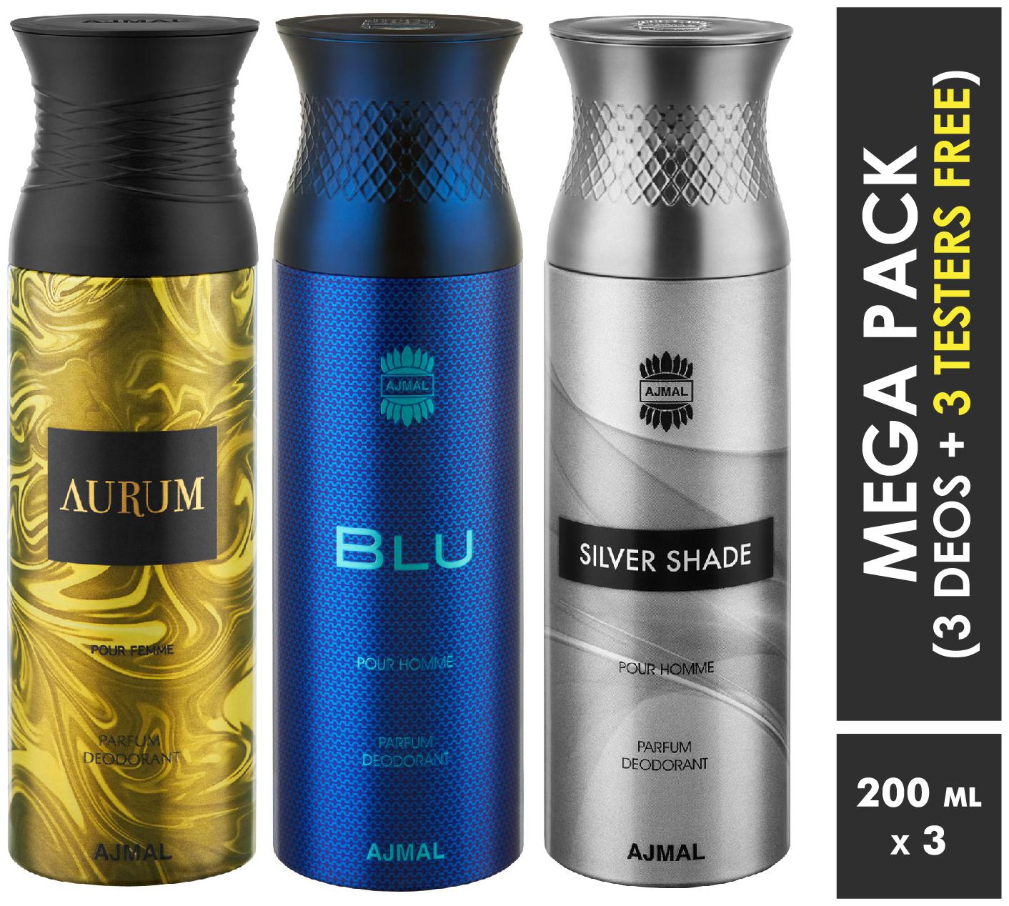 

Ajmal Aurum Blu Silver Shade Deodorant Spray For Men Women 200ml each (Pack of 3 600ml) 3 Parfum Testers Free