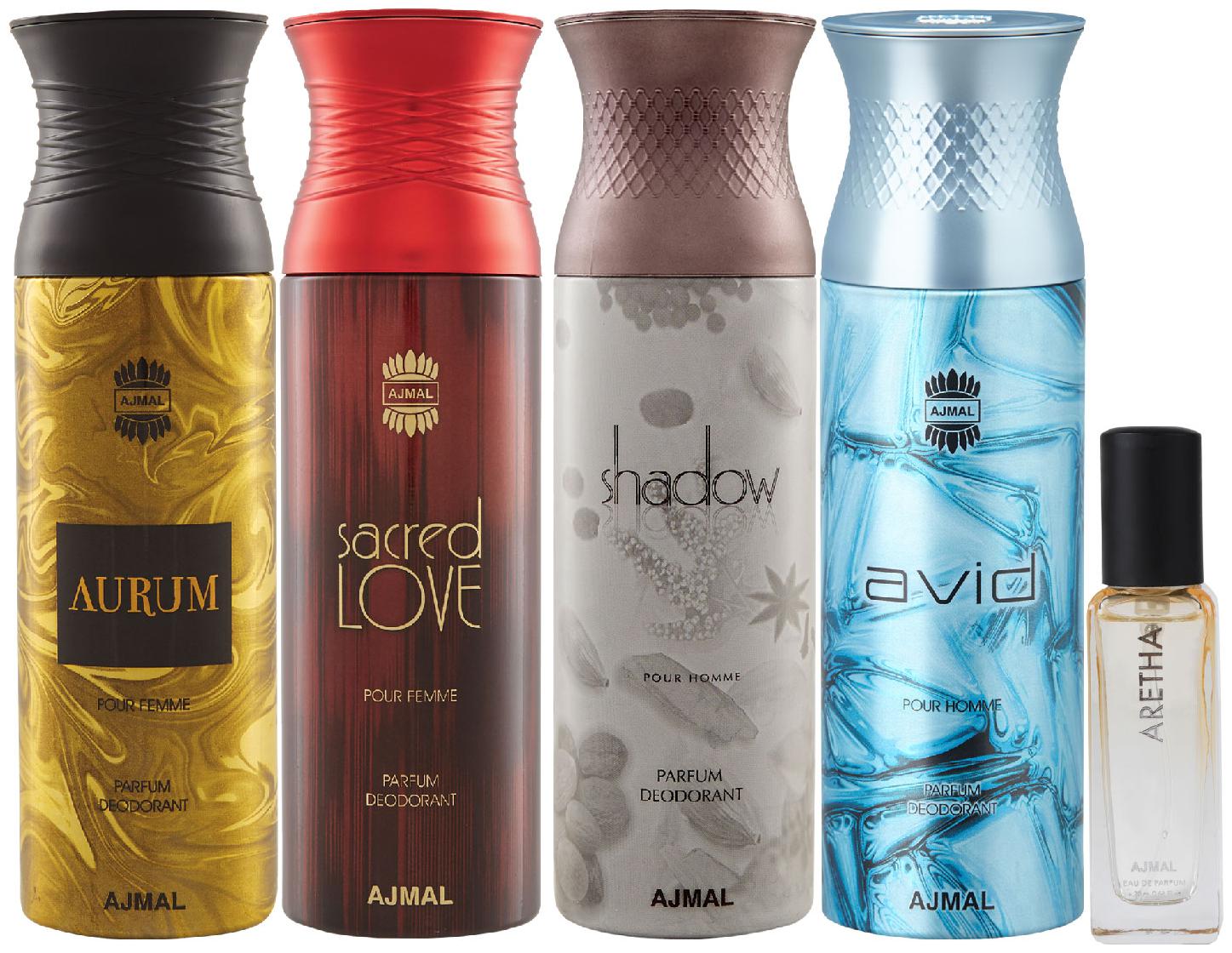

Ajmal Aurum Sacred Love Shadow Homme Avid Deo each 200 ml Aretha EDP 20 ml Pack of 5 for Men Women