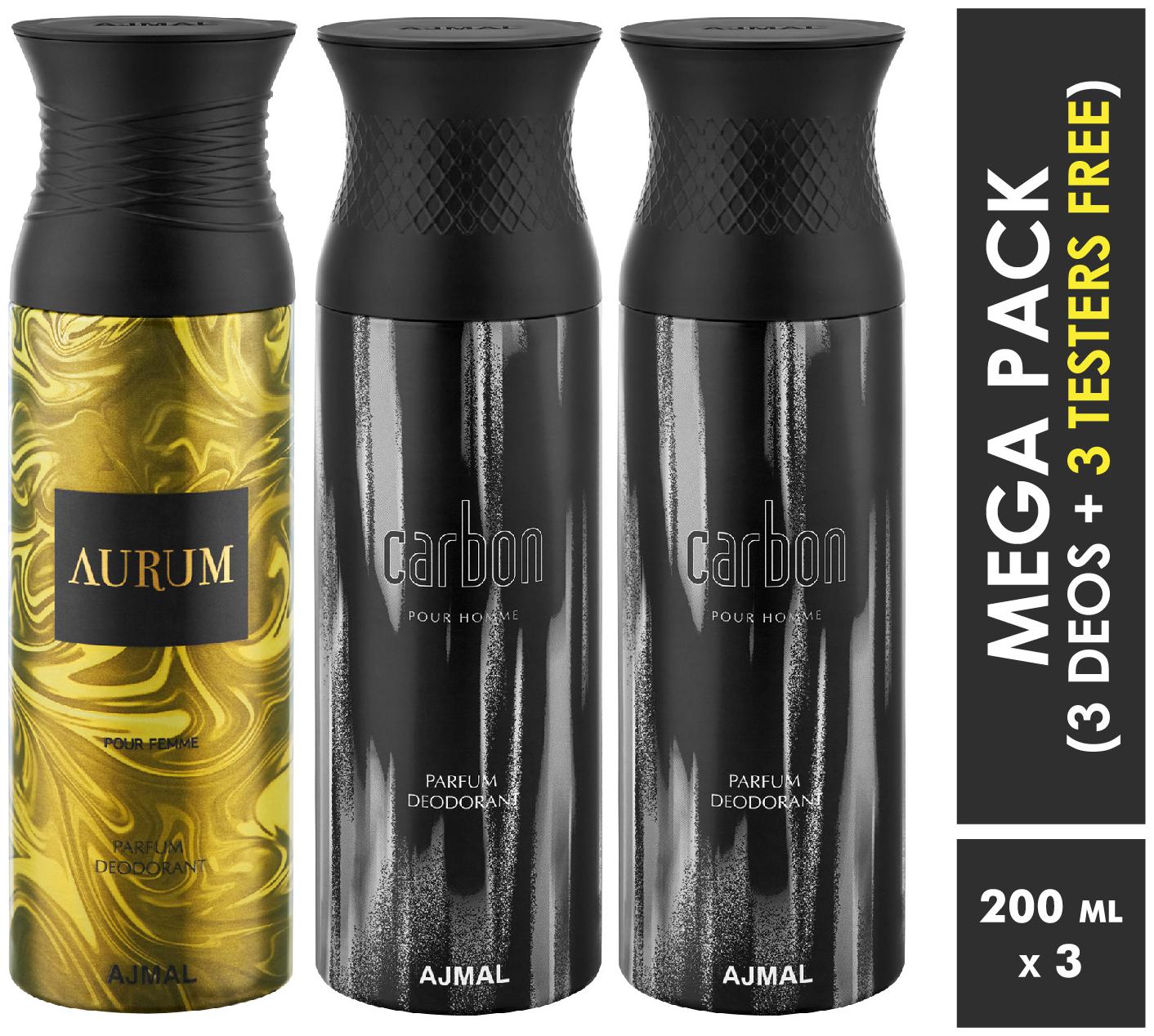 

Ajmal Aurum Carbon Carbon Deodorant Spray For Men Women 200ml each (Pack of 3 600ml) 3 Parfum Testers Free