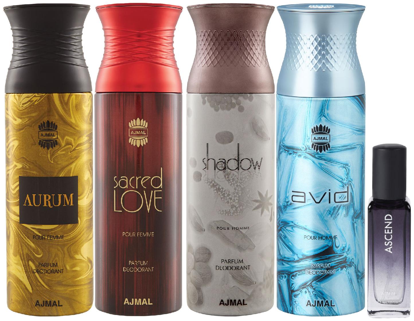

Ajmal Aurum Sacred Love Shadow Homme Avid Deo each 200 ml Ascend EDP 20 ml Pack of 5 for Men Women