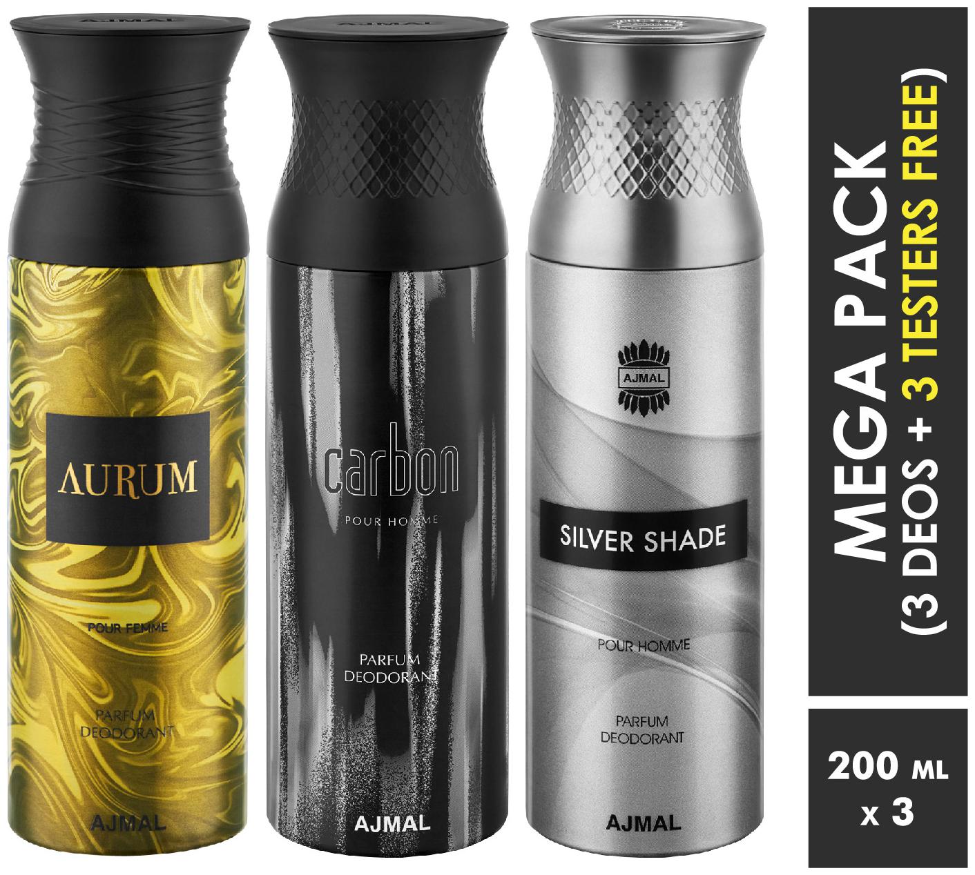 

Ajmal Aurum Carbon SilverShade Deodorant Spray For Men Women 200ml each (Pack of 3 600ml) 3 Parfum Testers Free