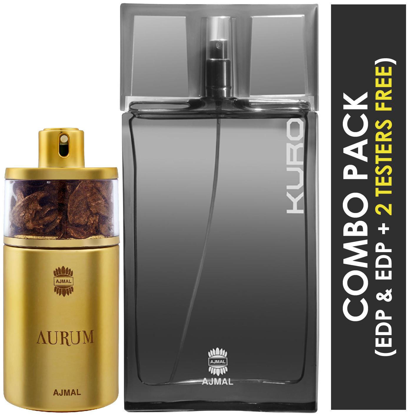 

Ajmal Aurum EDP Fruity Floral Perfume 75ml for Women and Kuro EDP Aromatic Spicy Perfume 90ml for Men