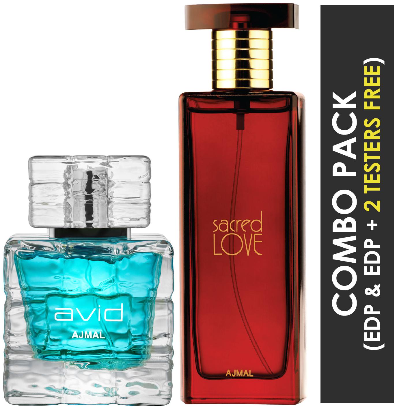 

Ajmal Avid EDP Aquatic Woody Perfume 75ml for Men and Ajmal Sacred Love EDP Floral Musky Perfume 50ml for Women (Pack of 2)