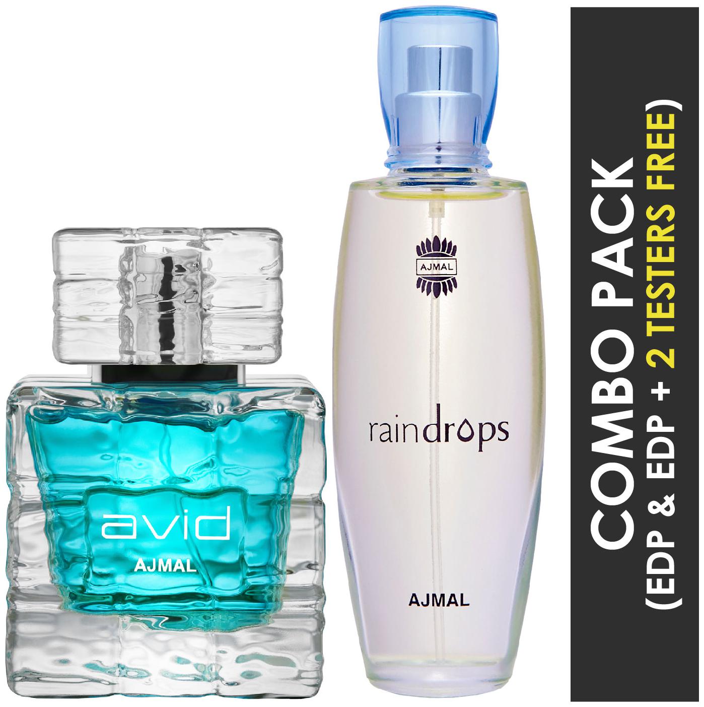 

Ajmal Avid EDP Aquatic Woody Perfume 75ml for Men and Ajmal Raindrops EDP Floral Chypre Perfume 50ml for Women (Pack of 2)