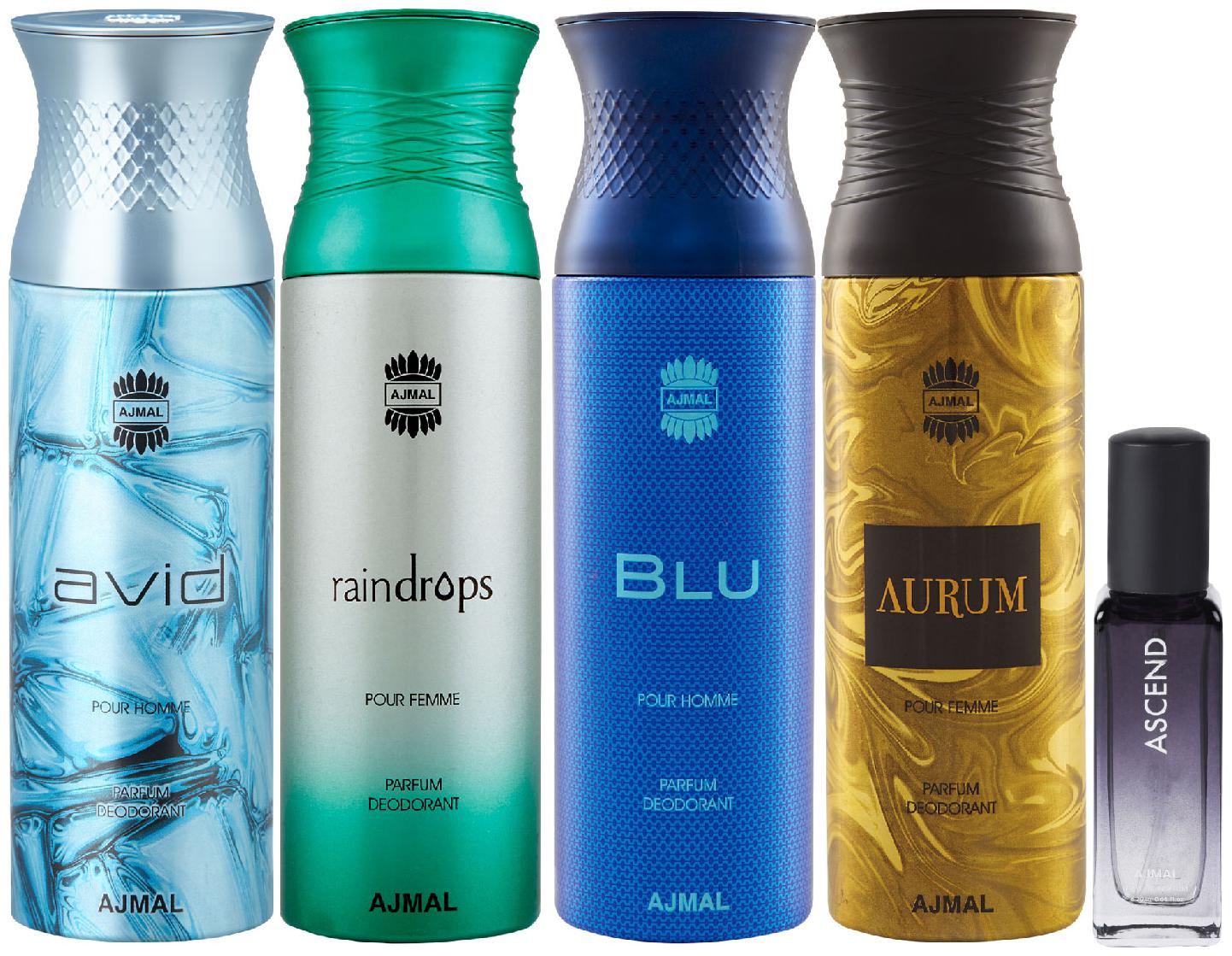 

Ajmal Avid Raindropss Blu Aurum Deo each 200 ml Ascend EDP 20 ml Pack of 5 for Men Women