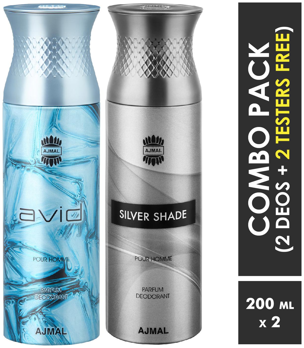 

Ajmal Avid SilverShade Deodorant Spray for Men 200ml each (Pack of 2 400ml) 2 Parfum Testers Free