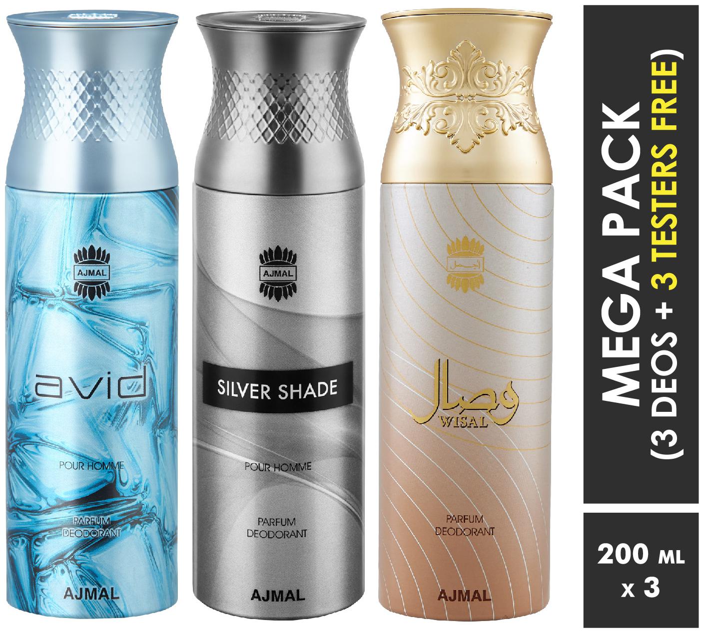 

Ajmal Avid Silver Shade Wisal Deodorant Spray For Men Women 200ml each (Pack of 3 600ml) 3 Parfum Testers Free