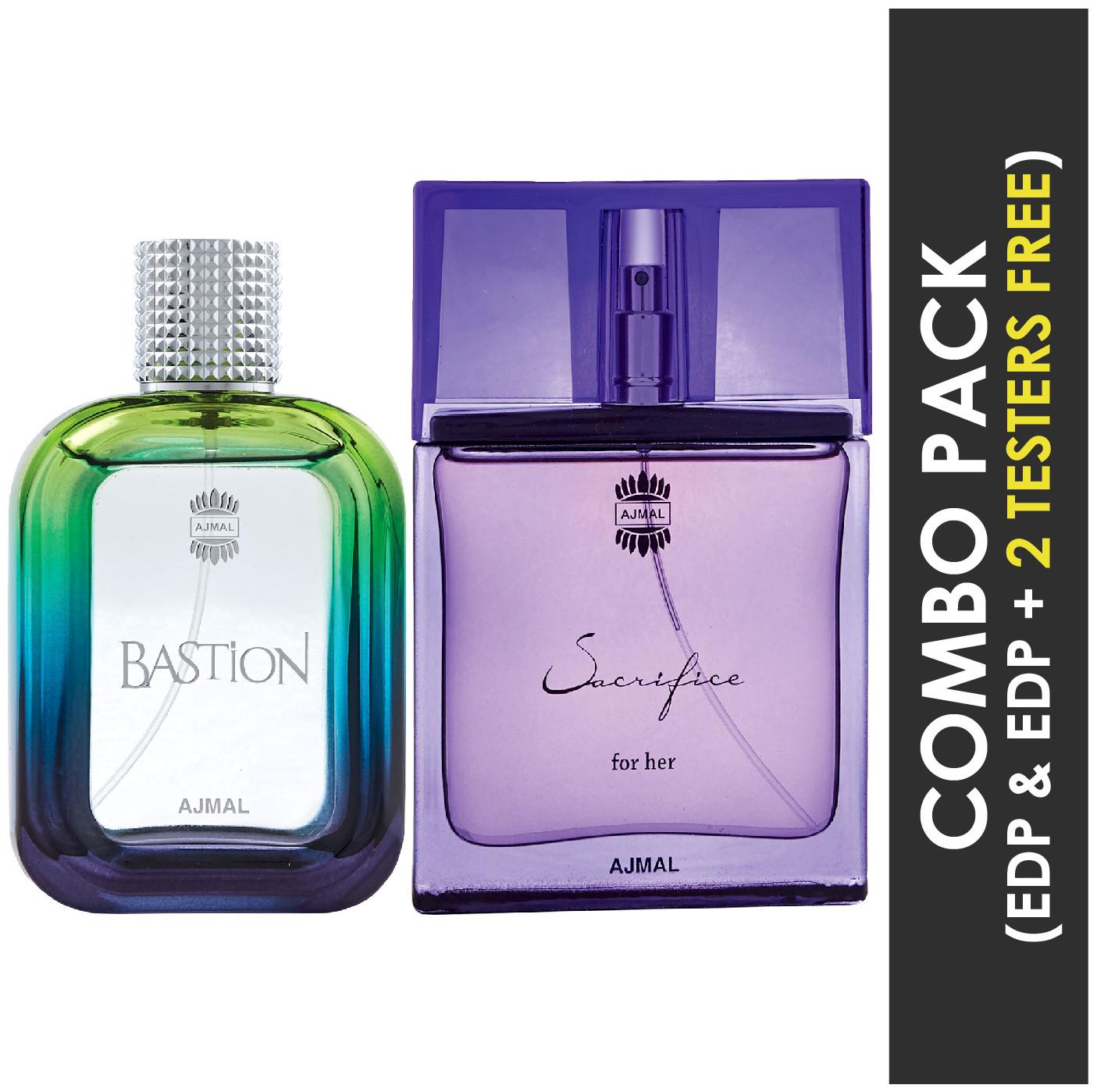 

Ajmal Bastion EDP Woody Aromatic Perfume 100ml for Men and Ajmal Sacrifice for HER EDP Floral Musky Perfume 50ml for Women