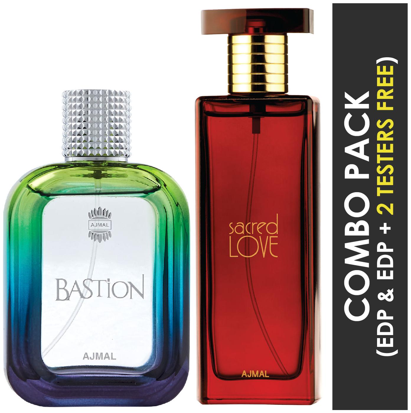 

Ajmal Bastion EDP Woody Aromatic Perfume 100ml for Men and Ajmal Sacred Love EDP Floral Musky Perfume 50ml for Women (Pack of 2)