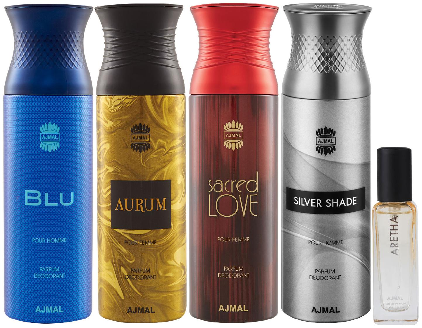 

Ajmal Blu Aurum Sacred Love Silver Shade Deo each 200 ml Aretha EDP 20 ml Pack of 4 for Men Women