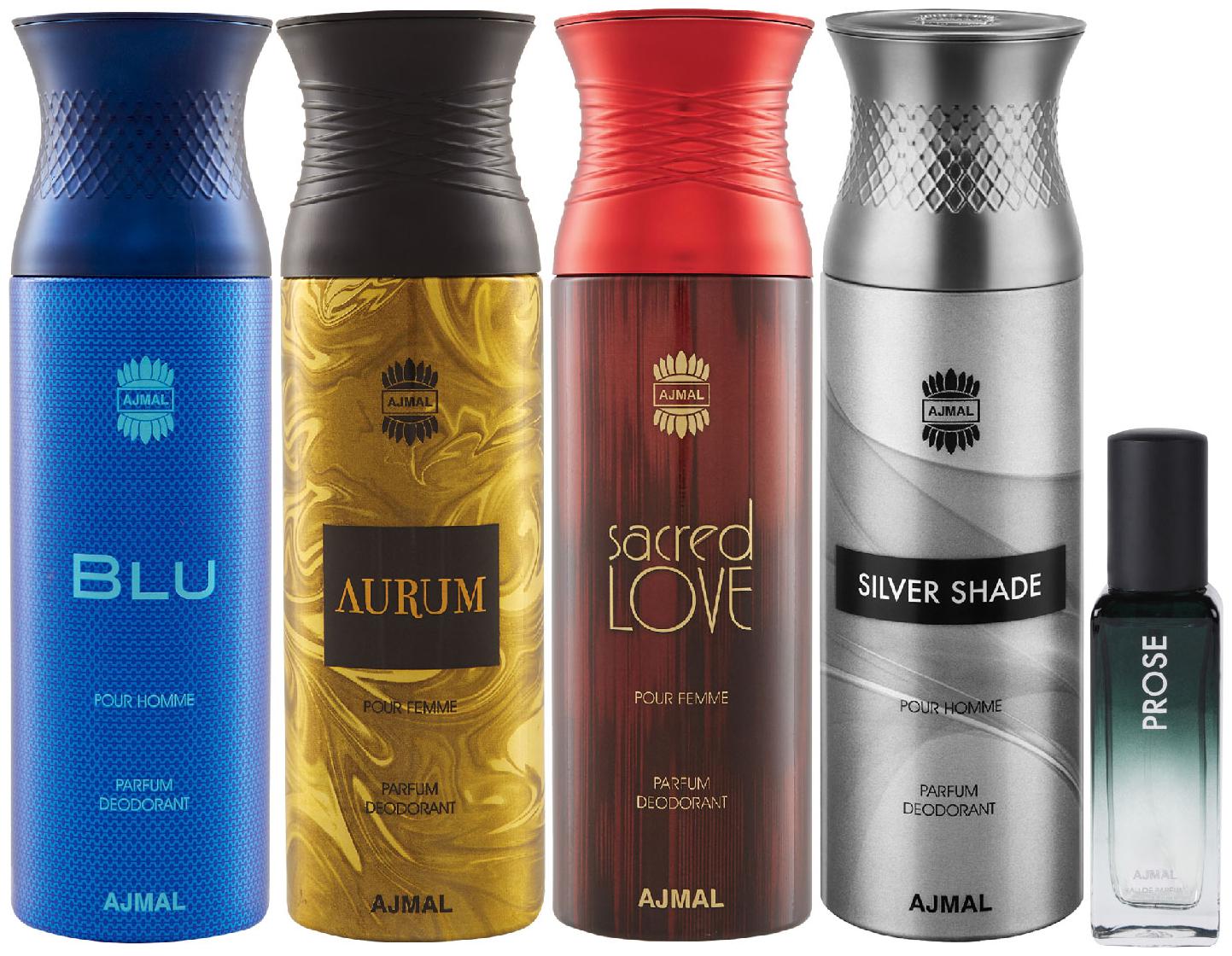 

Ajmal Blu Aurum Sacred Love Silver Shade Deo each 200 ml Prose EDP 20 ml Pack of 4 for Men Women