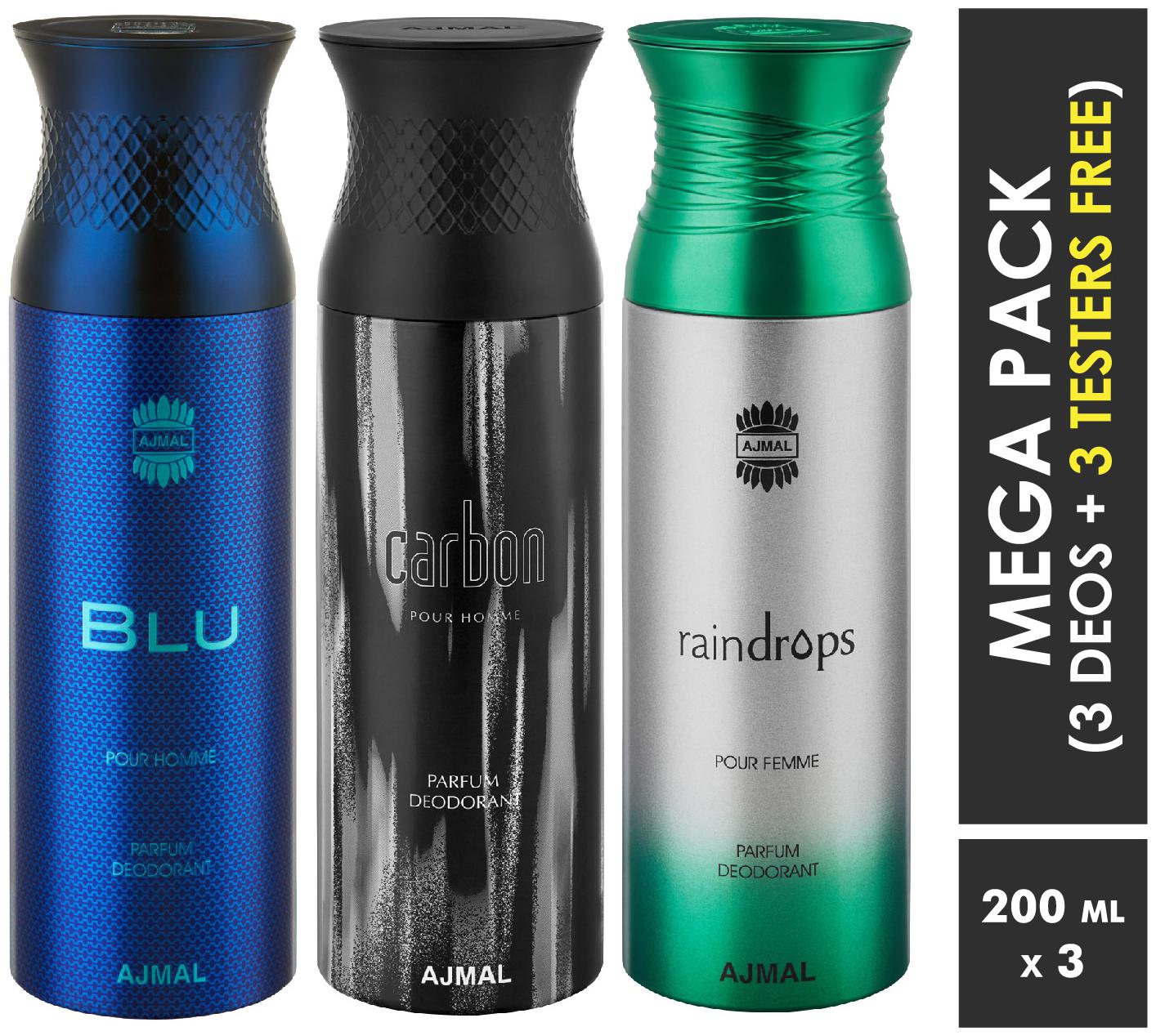 

Ajmal Blu Carbon Raindrops Deodorant Spray For Men Women 200ml each (Pack of 3 600ml) 3 Parfum Testers Free