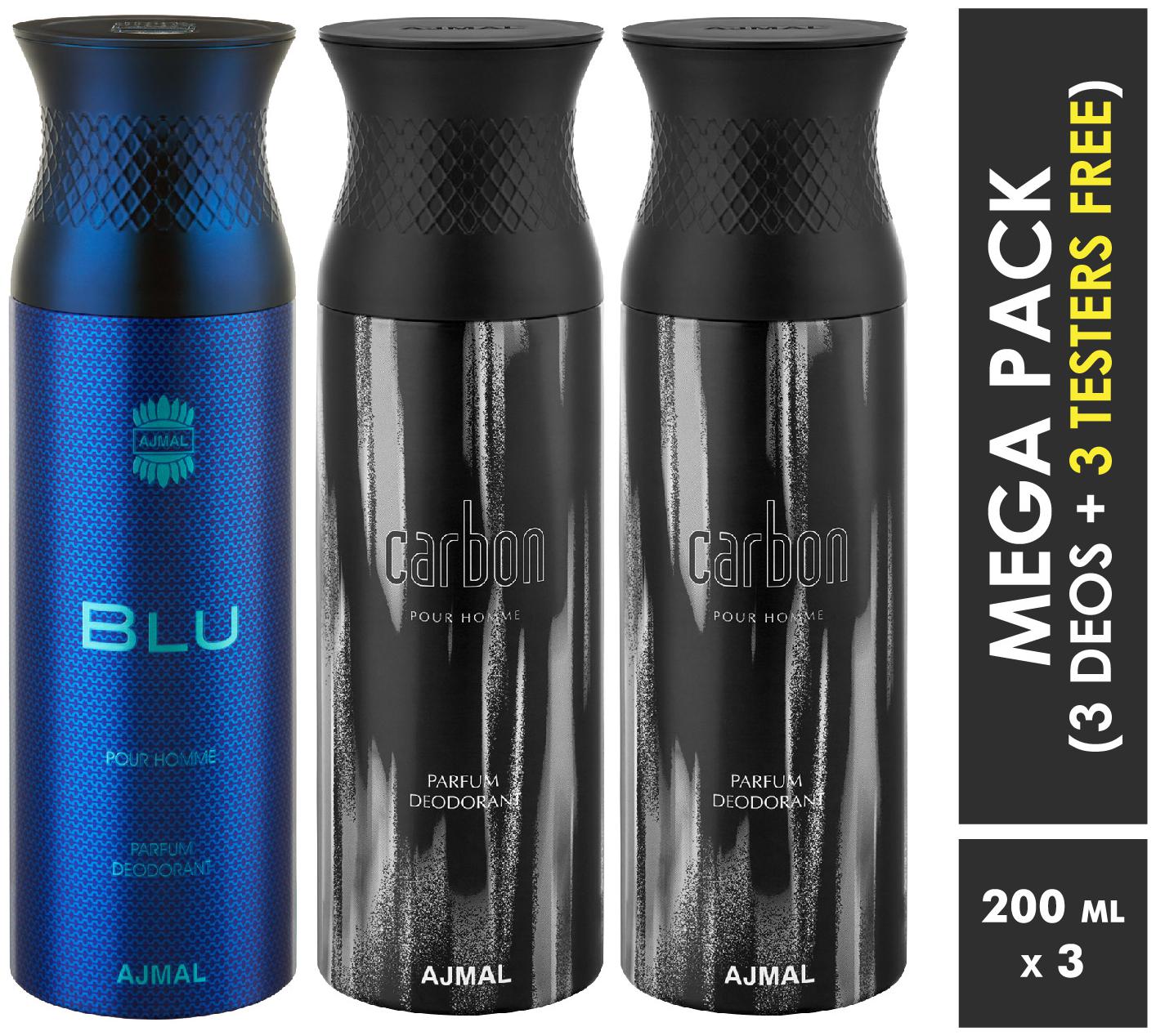 

Ajmal Blu Carbon Carbon Deodorant Spray For Men 200ml each (Pack of 3 600ml) 3 Parfum Testers Free