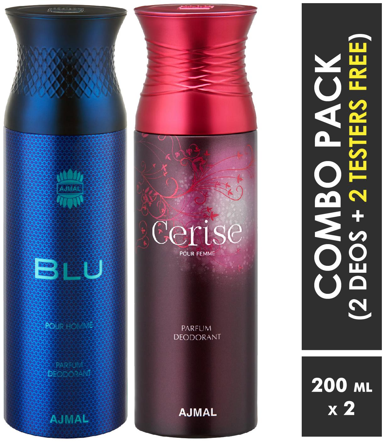 

Ajmal Blu Cerise Deodorant Spray for Men Women 200ml each (Pack of 2 400ml) 2 Parfum Testers Free