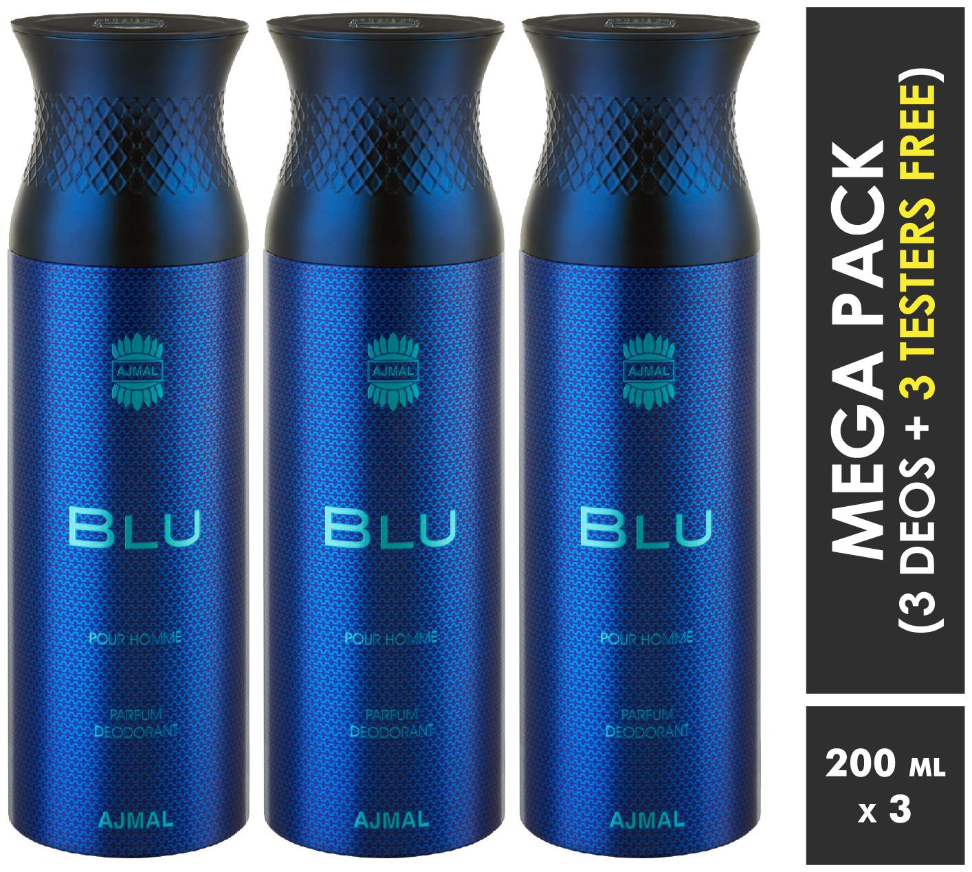 

Ajmal Blu Deodorant Spray For Men 200ml each (Pack of 3 600ml) 3 Parfum Testers Free