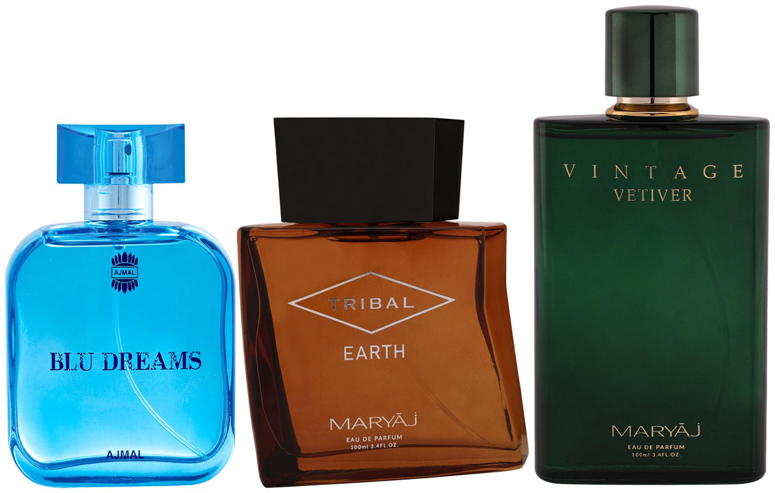 

Ajmal Blu Dreams EDP Maryaj Tribal Earth EDP Maryaj Vintage Vetiver EDP 100ml (Pack of 3)