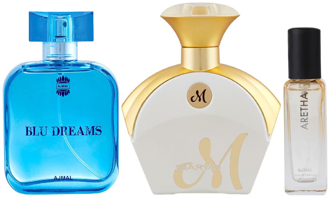 

Ajmal BLU DREAMS EDP 100 ml MARYAJ MWHITE EDP 90 ml Aretha EDP 20 ml Pack of 3 for Men Women