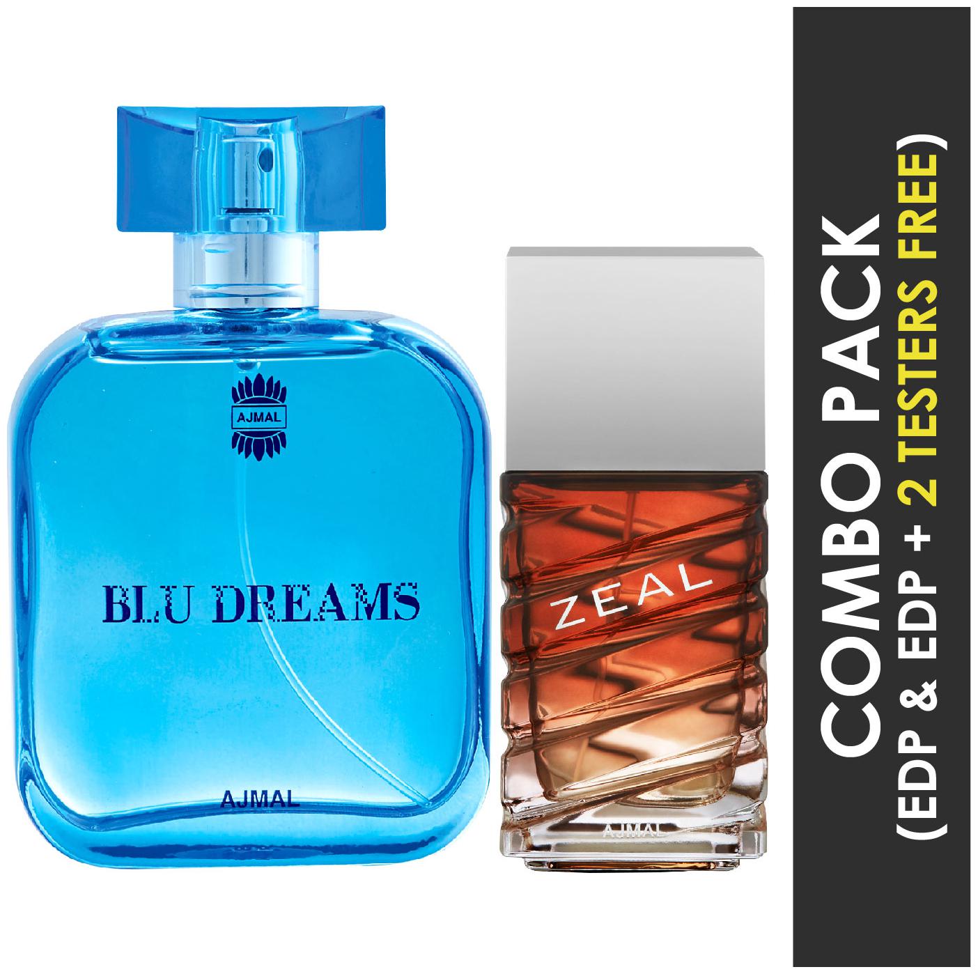 

Ajmal Blu Dreams EDP Citurs Fruity Perfume 100ml for Men and Ajmal Zeal EDP Aquatic Woody Perfume 100ml for Men (Pack of 2)