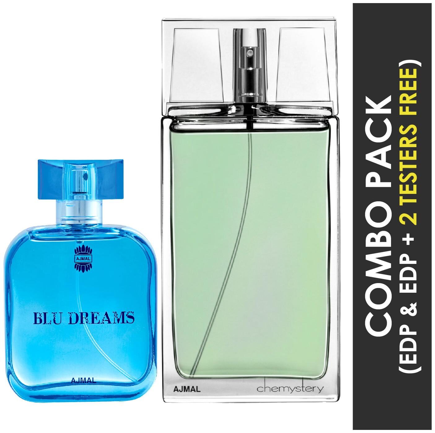 

Ajmal Blu Dreams EDP Citurs Fruity Perfume 100ml for Men and Ajmal Chemystery EDP Spicy Woody Perfume 90ml for Men (Pack of 2)
