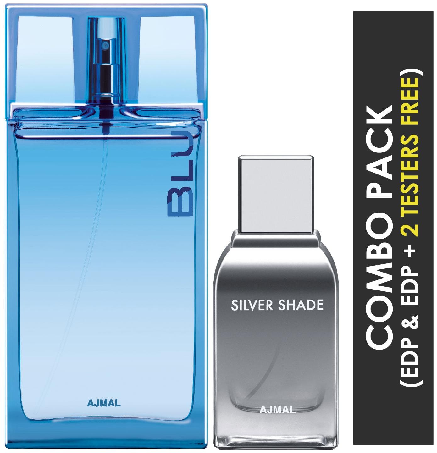 

Ajmal Blu EDP Aquatic Woody Perfume 90ml for Men and Silver Shade EDP Citrus Woody Perfume 100ml for Men (Pack of 2)
