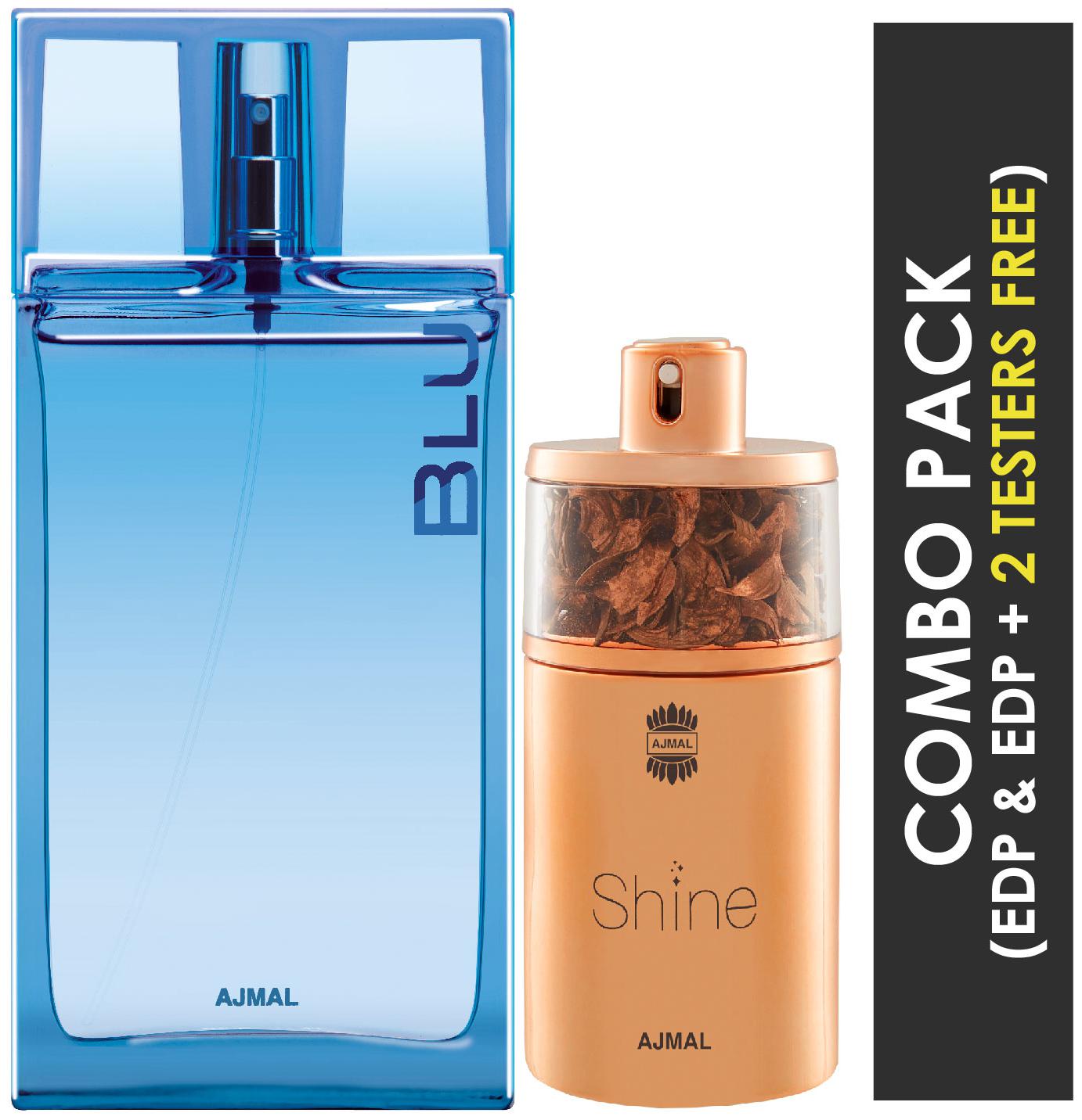 

Ajmal Blu EDP Aquatic Woody Perfume 90ml for Men and Ajmal Shine EDP Floral Powdery Perfume 75ml for Women