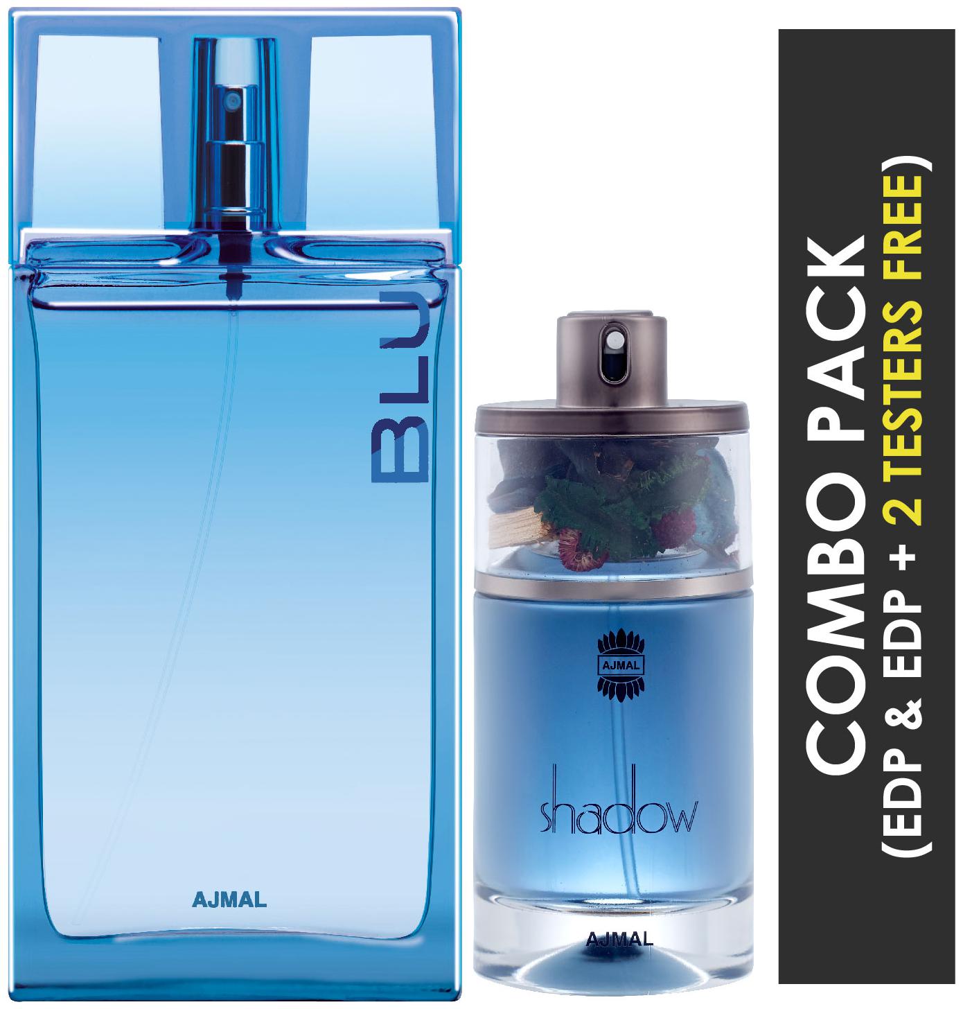 

Ajmal Blu EDP Aquatic Woody Perfume 90ml for Men and Ajmal Shadow HIM EDP Spicy Woody Perfume 75ml for Men
