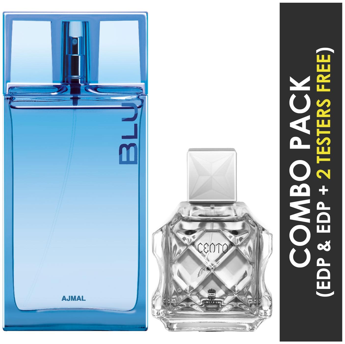 

Ajmal Blu EDP Aquatic Woody Perfume 90ml for Men and Ajmal Cento EDP Citrus Aromatic Perfume 100ml for Men (Pack of 2)