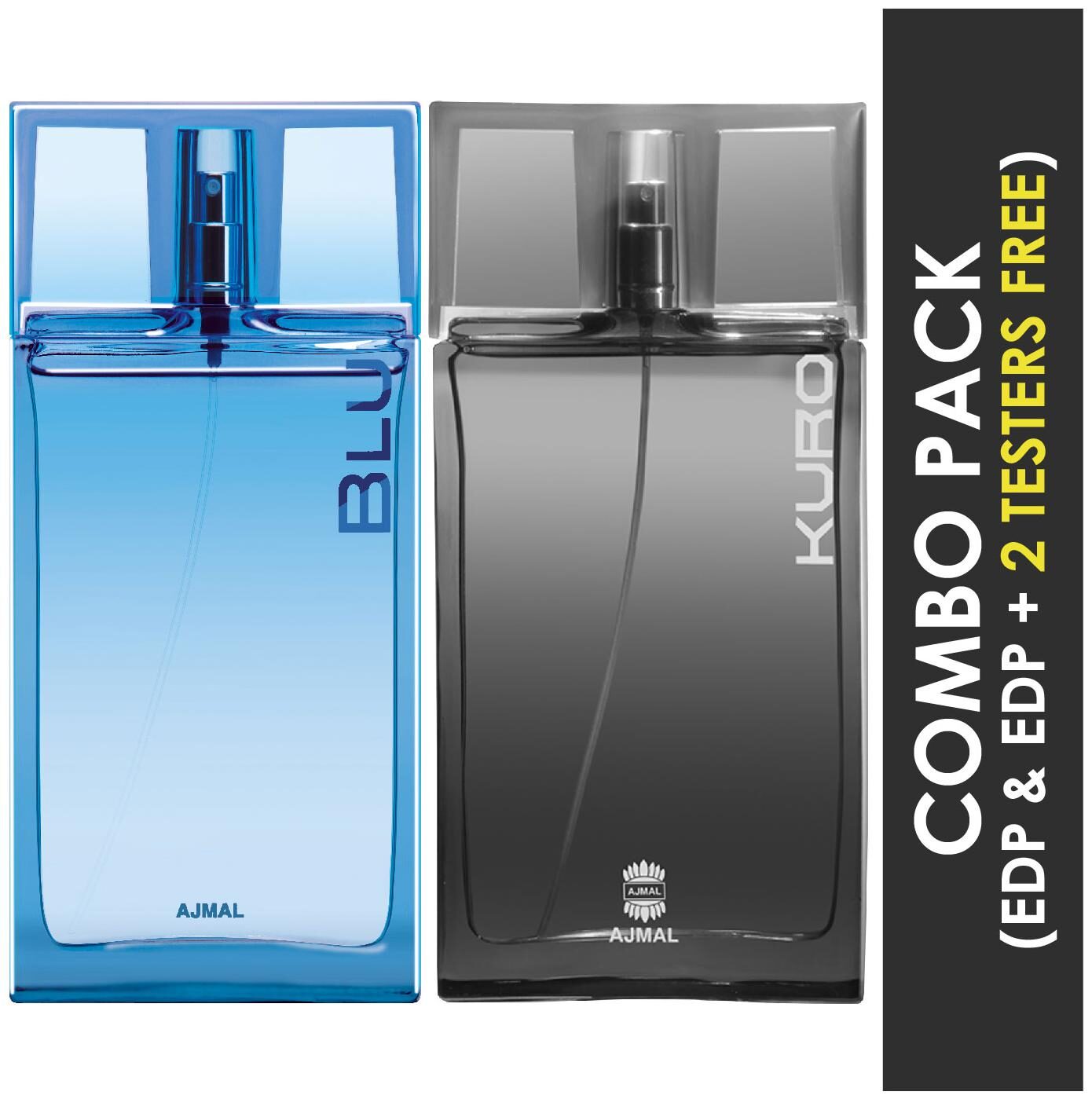 

Ajmal Blu EDP Aquatic Woody Perfume 90ml for Men and Ajmal Kuro EDP Aromatic Spicy Perfume 90ml for Men