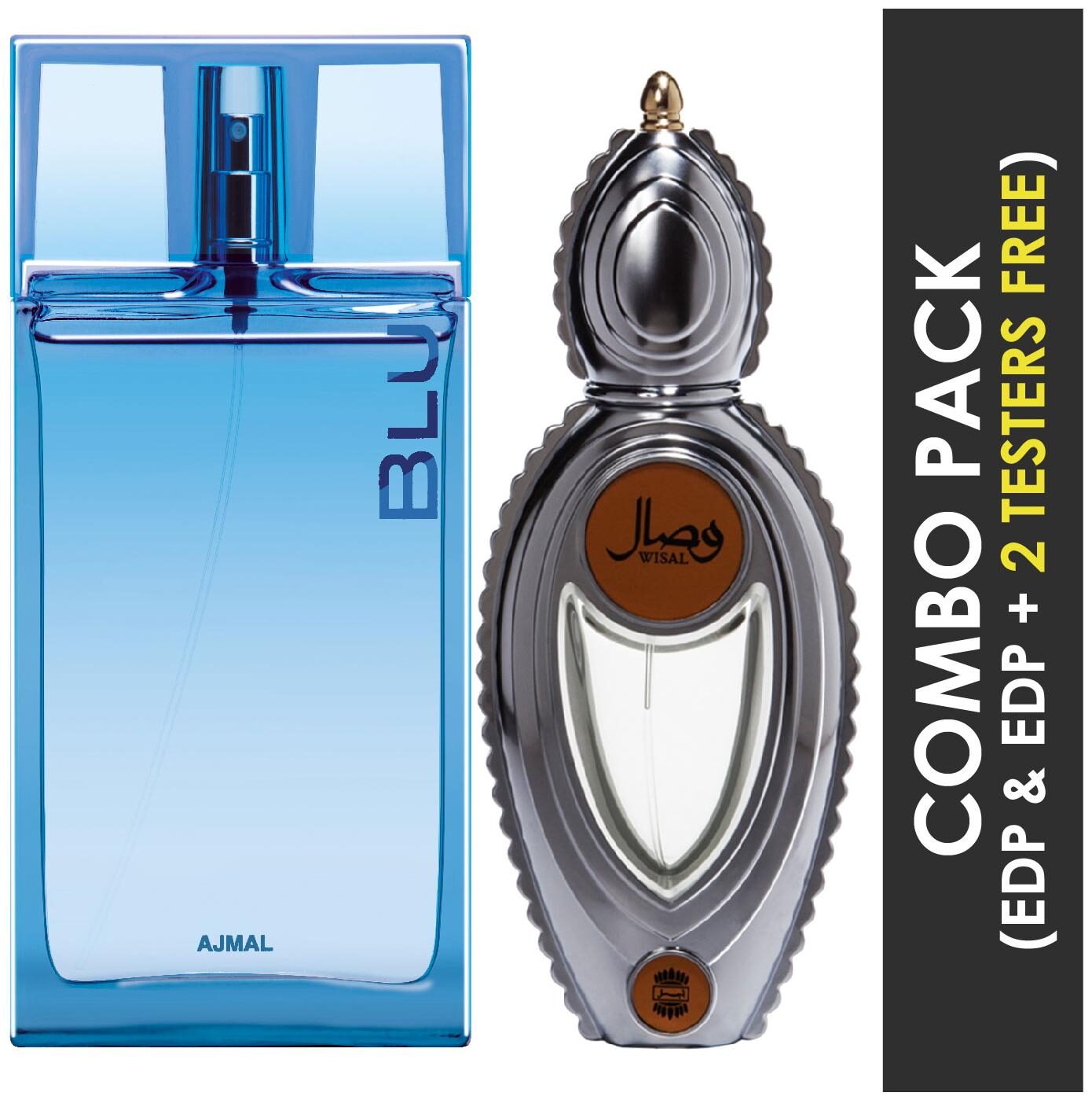 

Ajmal Blu EDP Aquatic Woody Perfume 90ml for Men and Wisal EDP Floral Musky Perfume 50ml for Women