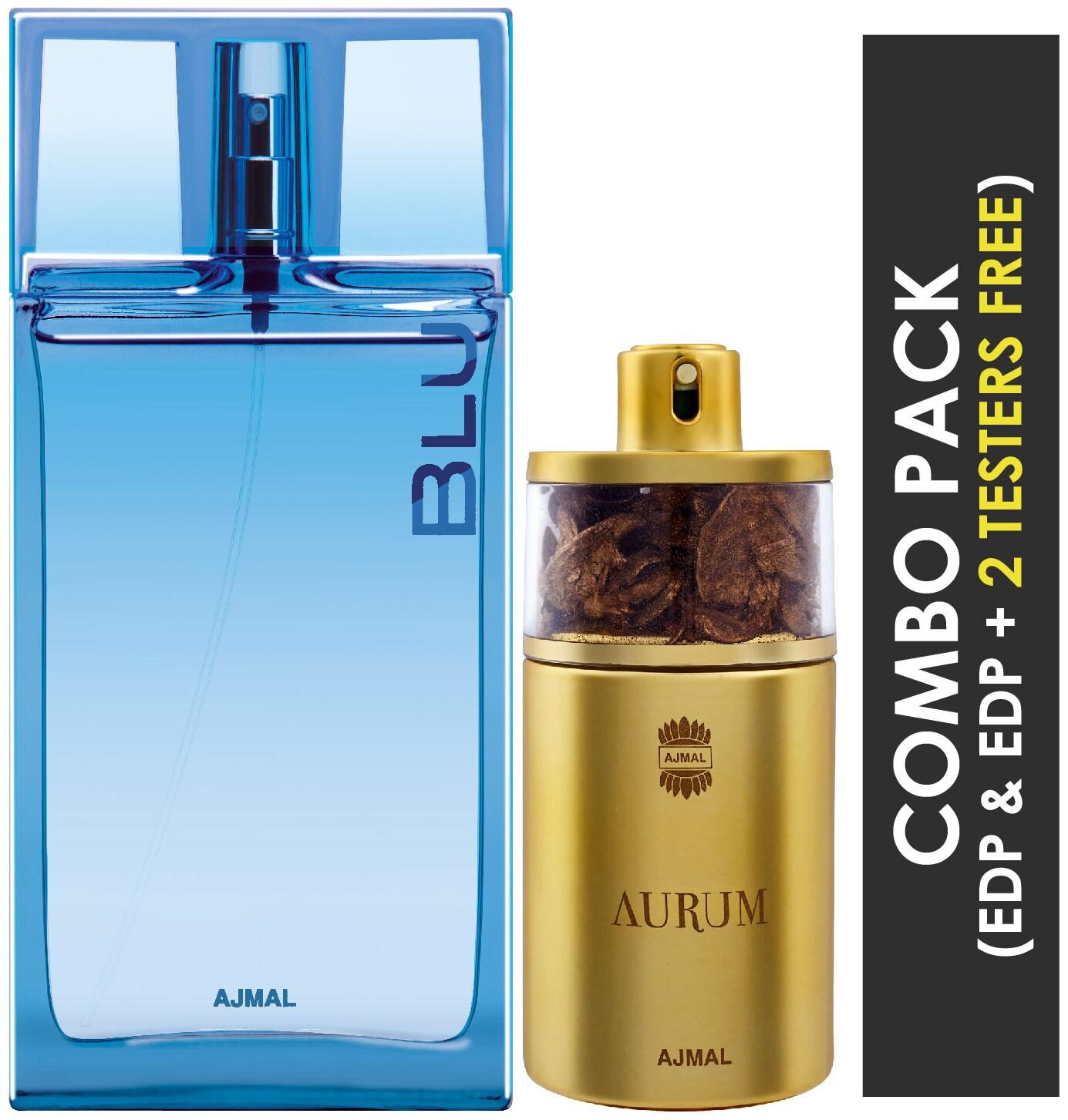 

Ajmal Blu EDP Aquatic Woody Perfume 90ml for Men and Ajmal Aurum EDP Fruity Floral Perfume 75ml for Women