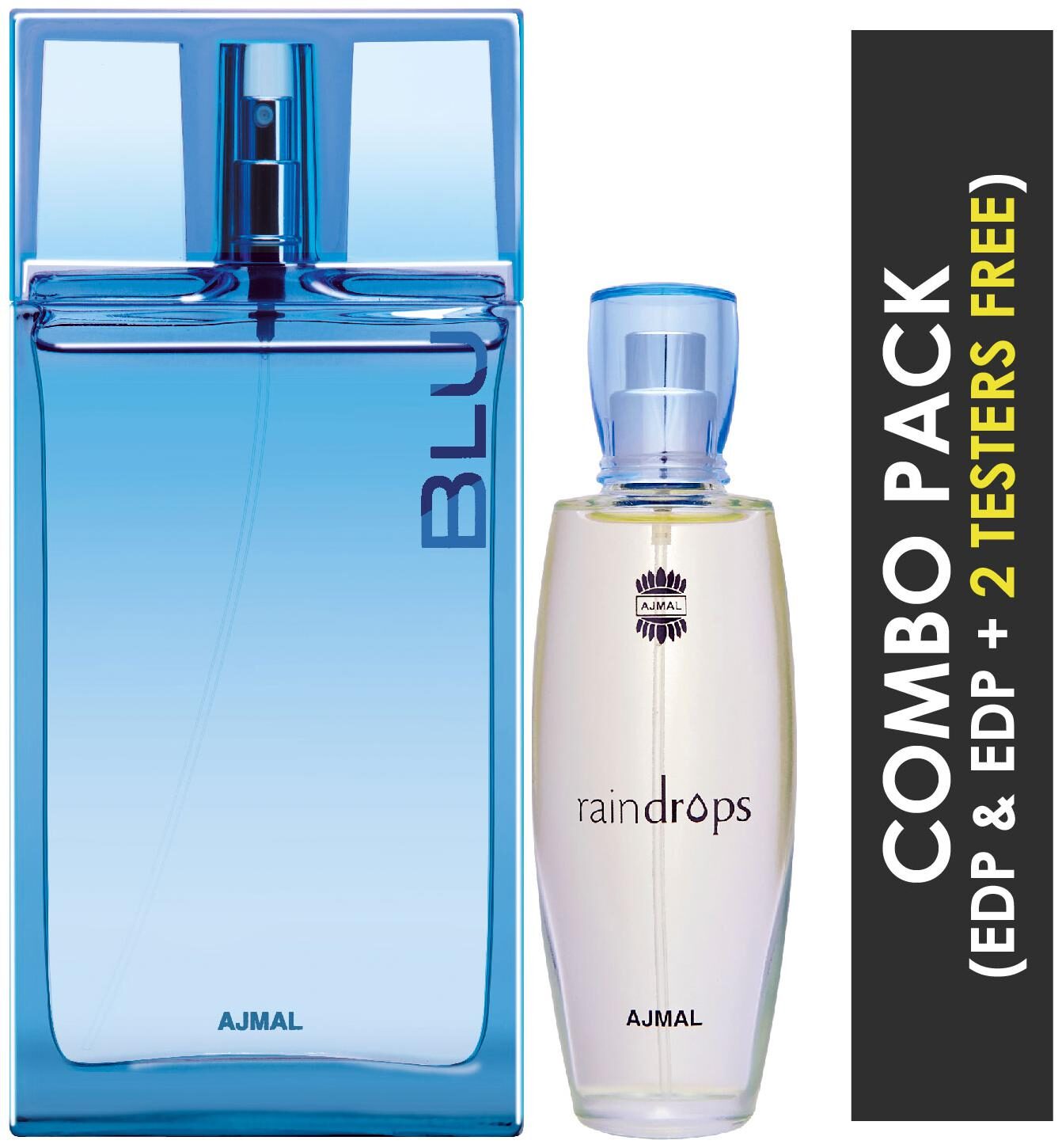

Ajmal Blu EDP Aquatic Woody Perfume 90ml for Men and Ajmal Raindrops EDP Floral Chypre Perfume 50ml for Women