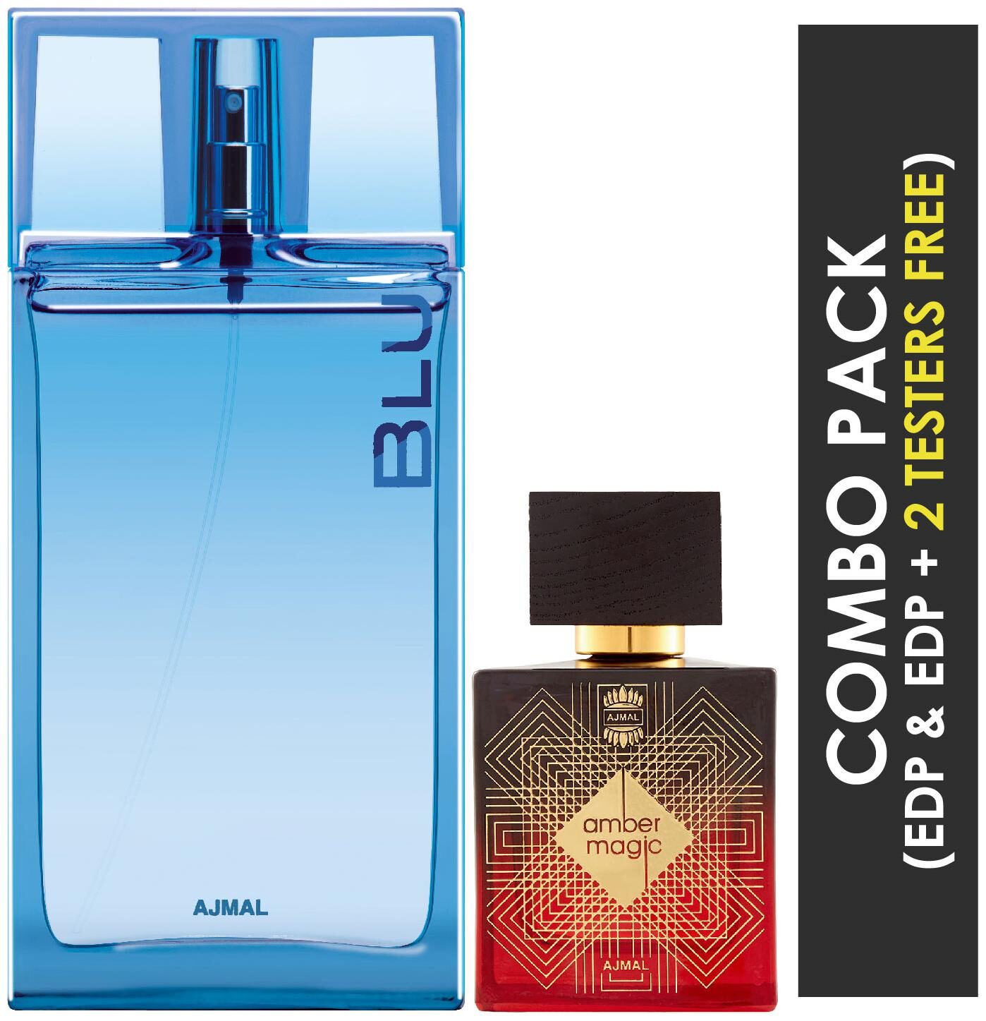 

Ajmal Blu EDP Aquatic Woody Perfume 90ml for Men and Ajmal Amber Magic EDP Spicy Aromatic Perfume 100ml for Men (Pack of 2)