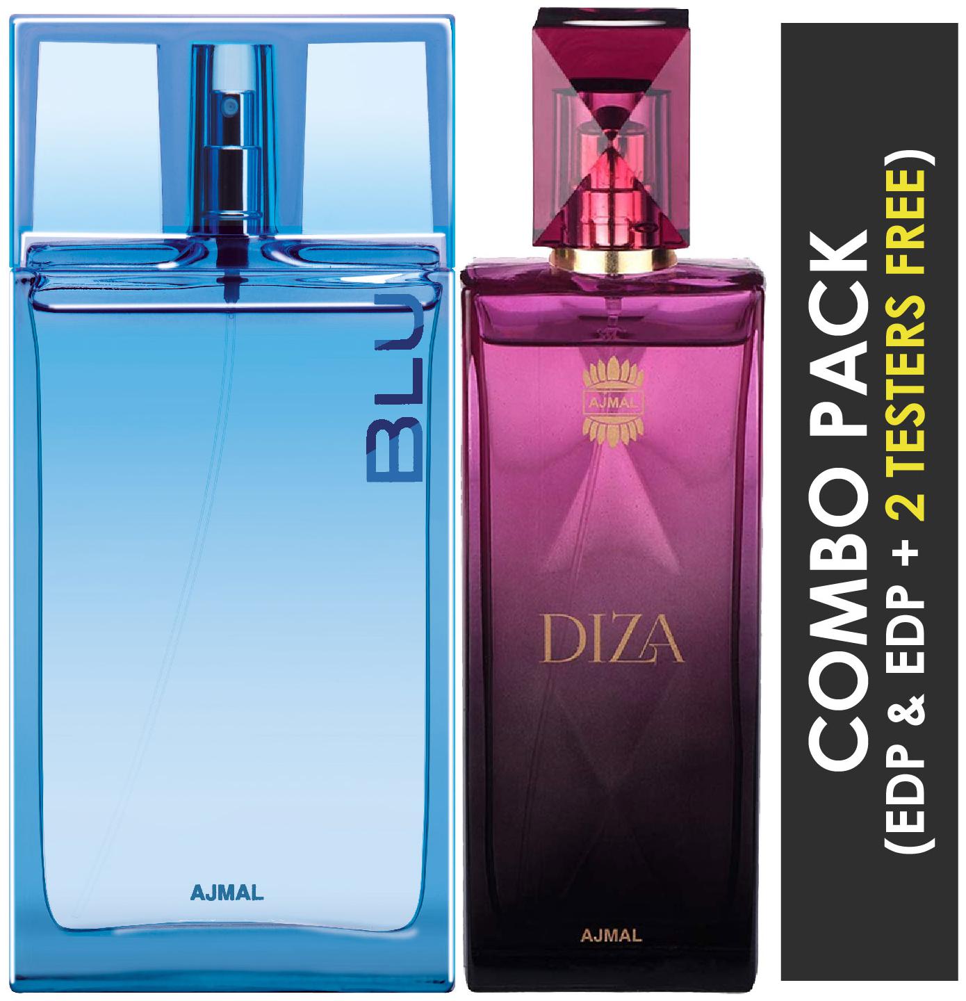 

Ajmal Blu EDP Aquatic Woody Perfume 90ml for Men and Diza EDP Fruity Floral Perfume 100ml for Women