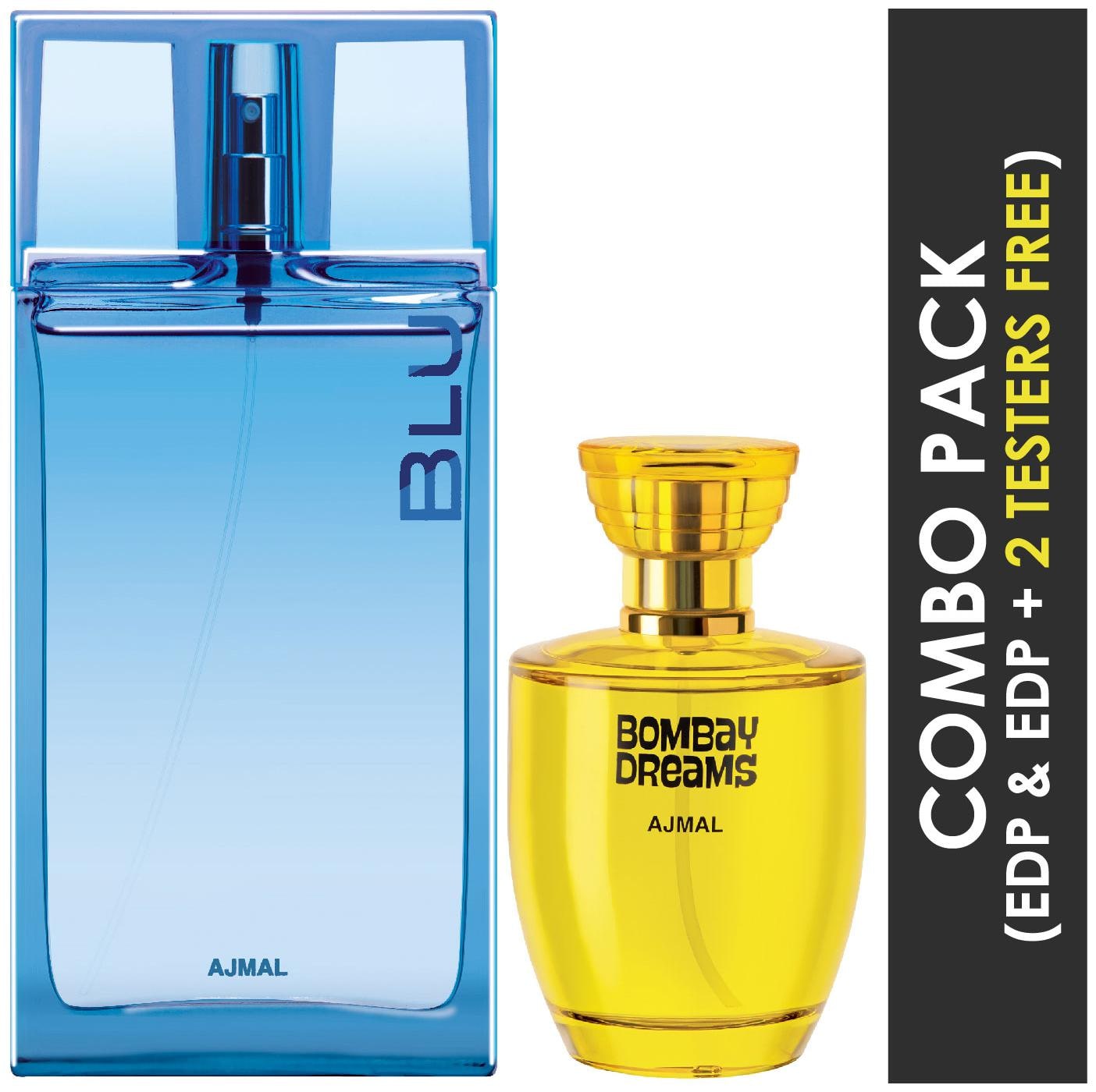 

Ajmal Blu EDP Aquatic Woody Perfume 90ml for Men and Ajmal Bombay Dreams EDP Floral Fruity Perfume 100ml for Women (Pack of 2)
