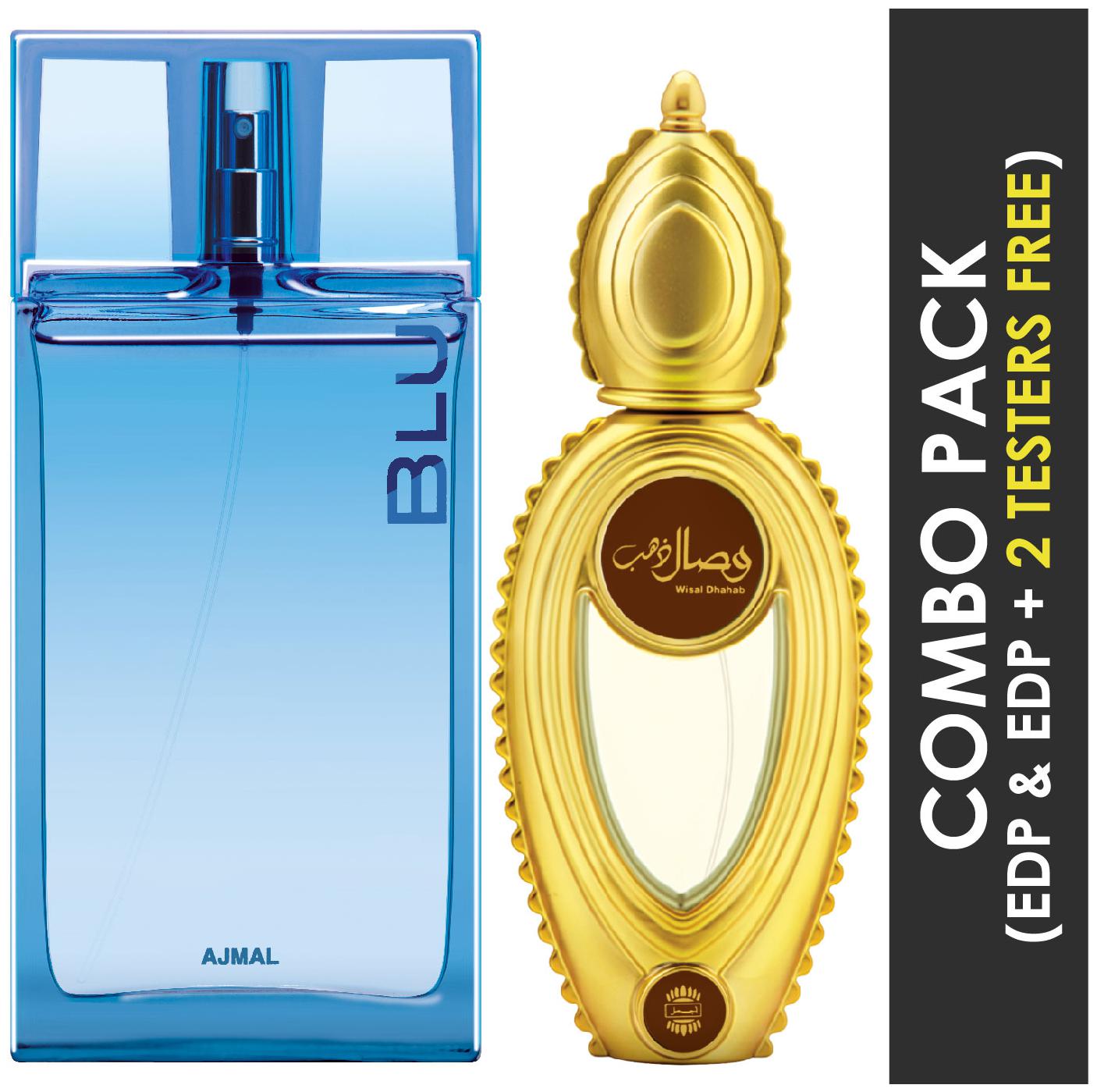 

Ajmal Blu EDP Aquatic Woody Perfume 90ml for Men and Wisal Dhahab EDP Fruity Floral Perfume 50ml for Men (Pack of 2)