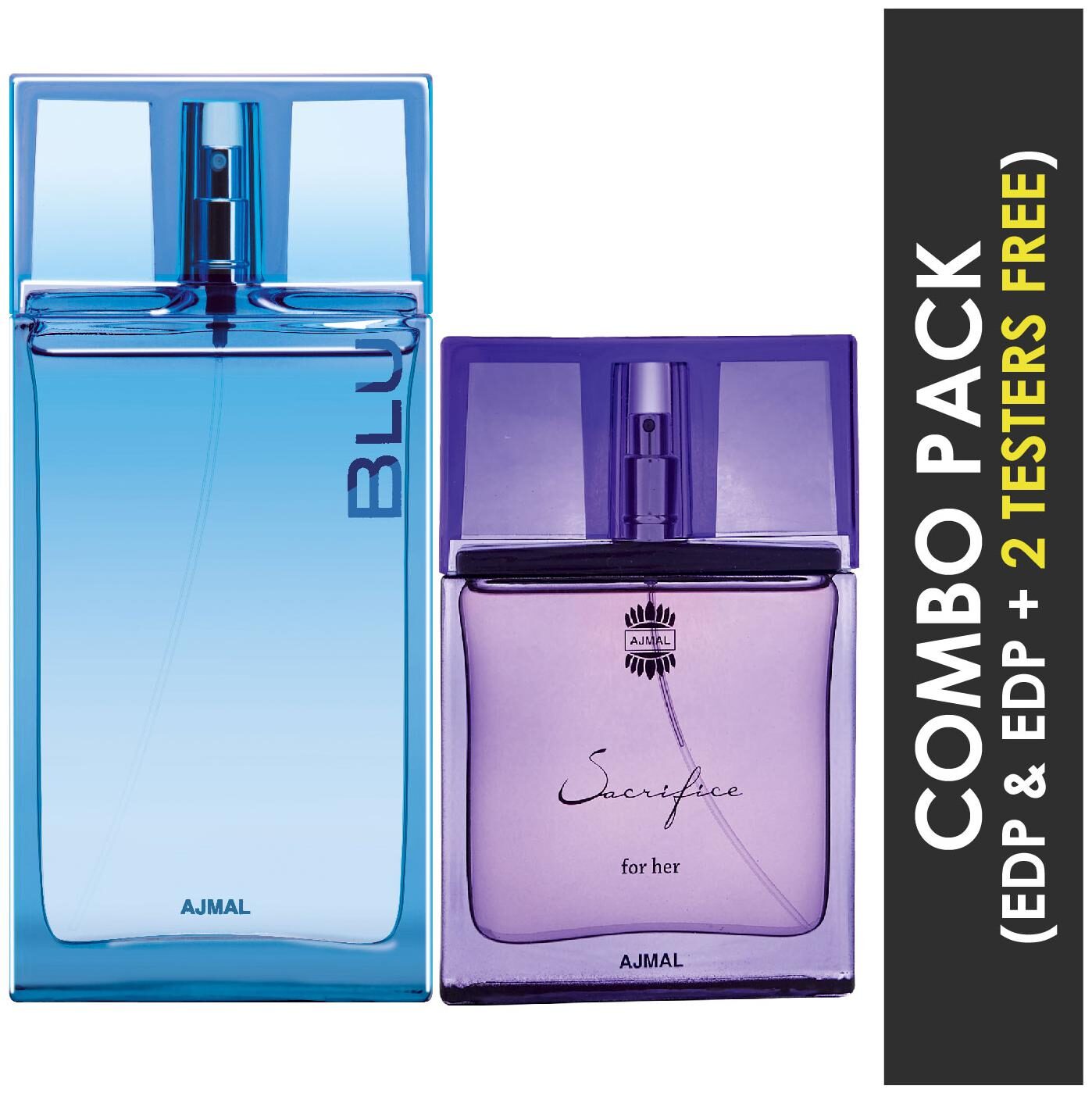 

Ajmal Blu EDP Aquatic Woody Perfume 90ml for Men and Sacrifice for HER EDP Floral Musky Perfume 50ml for Women