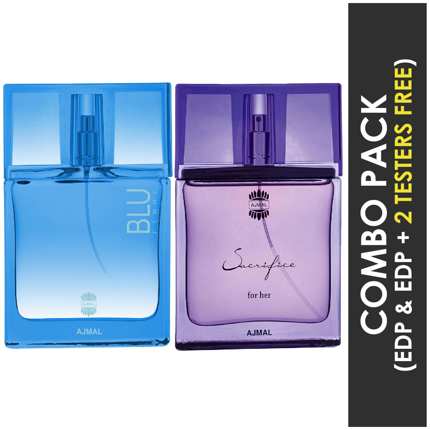 

Ajmal Blu Femme EDP Floral Woody Perfume 50ml for Women and Ajmal Sacrifice for HER EDP Floral Musky Perfume 50ml for Women