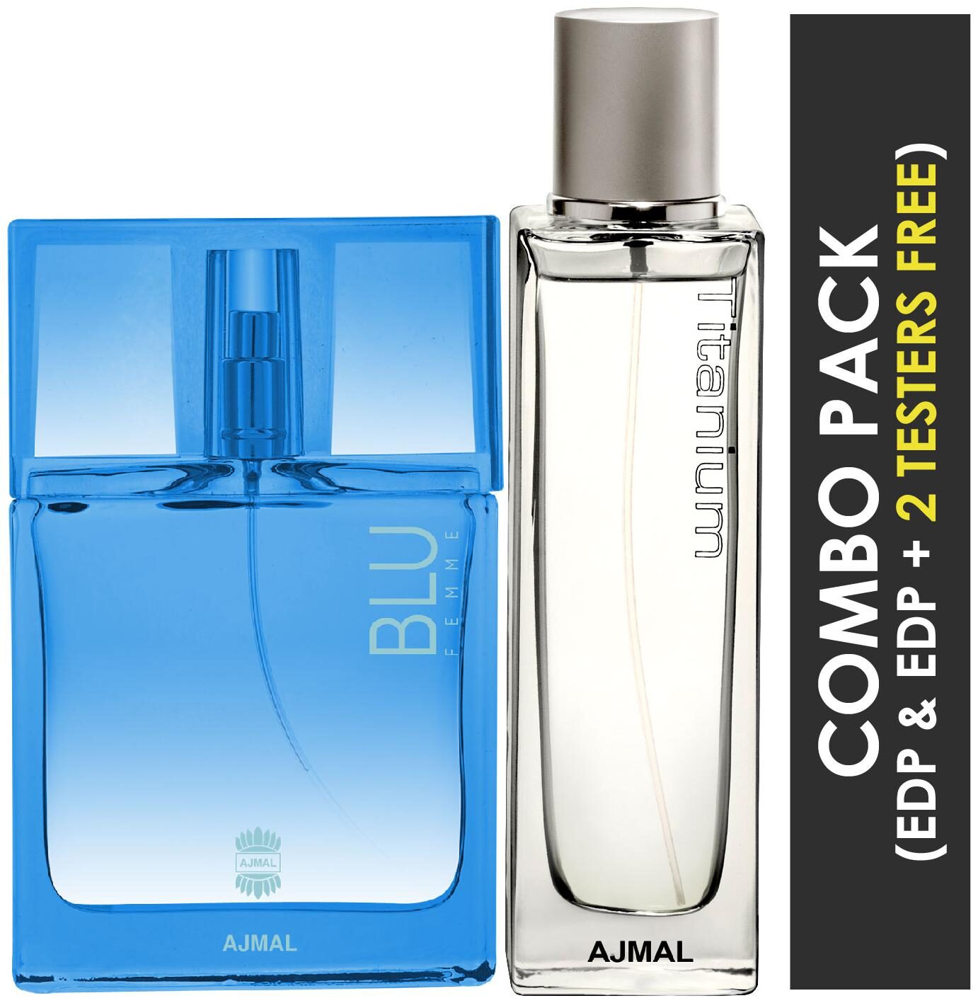 

Ajmal Blu Femme EDP Floral Woody Perfume 50ml for Women and Titanium EDP Citrus Spicy Perfume 100ml for Men