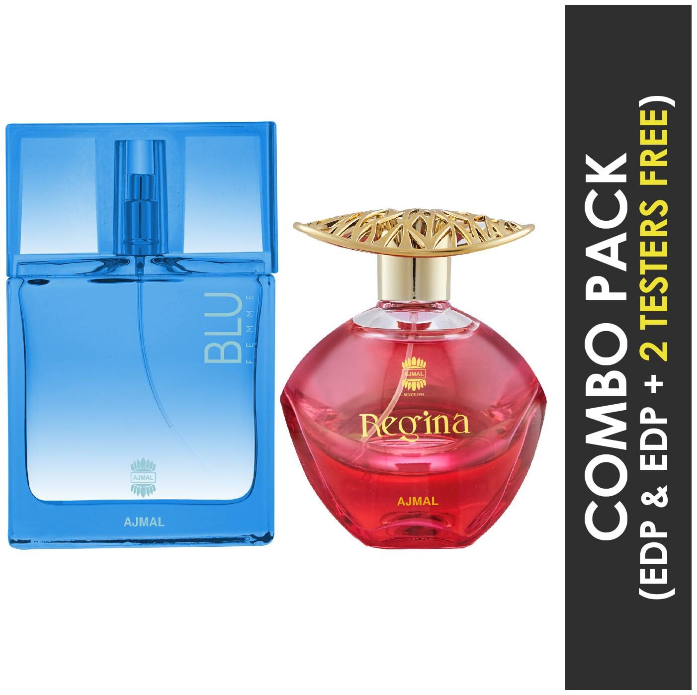 

Ajmal Blu Femme EDP Floral Woody Perfume 50ml for Women and Ajmal Regina EDP Floral Fruity Perfume 100ml for Women