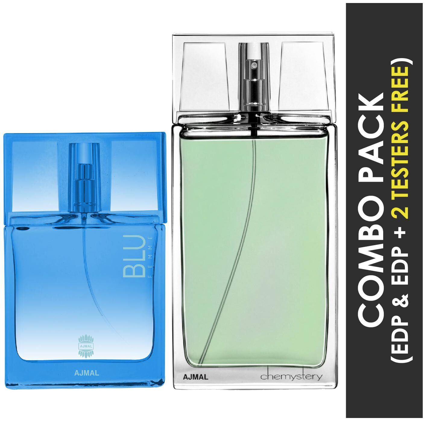 

Ajmal Blu Femme EDP Floral Woody Perfume 50ml for Women and Chemystery EDP Spicy Woody Perfume 90ml for Men