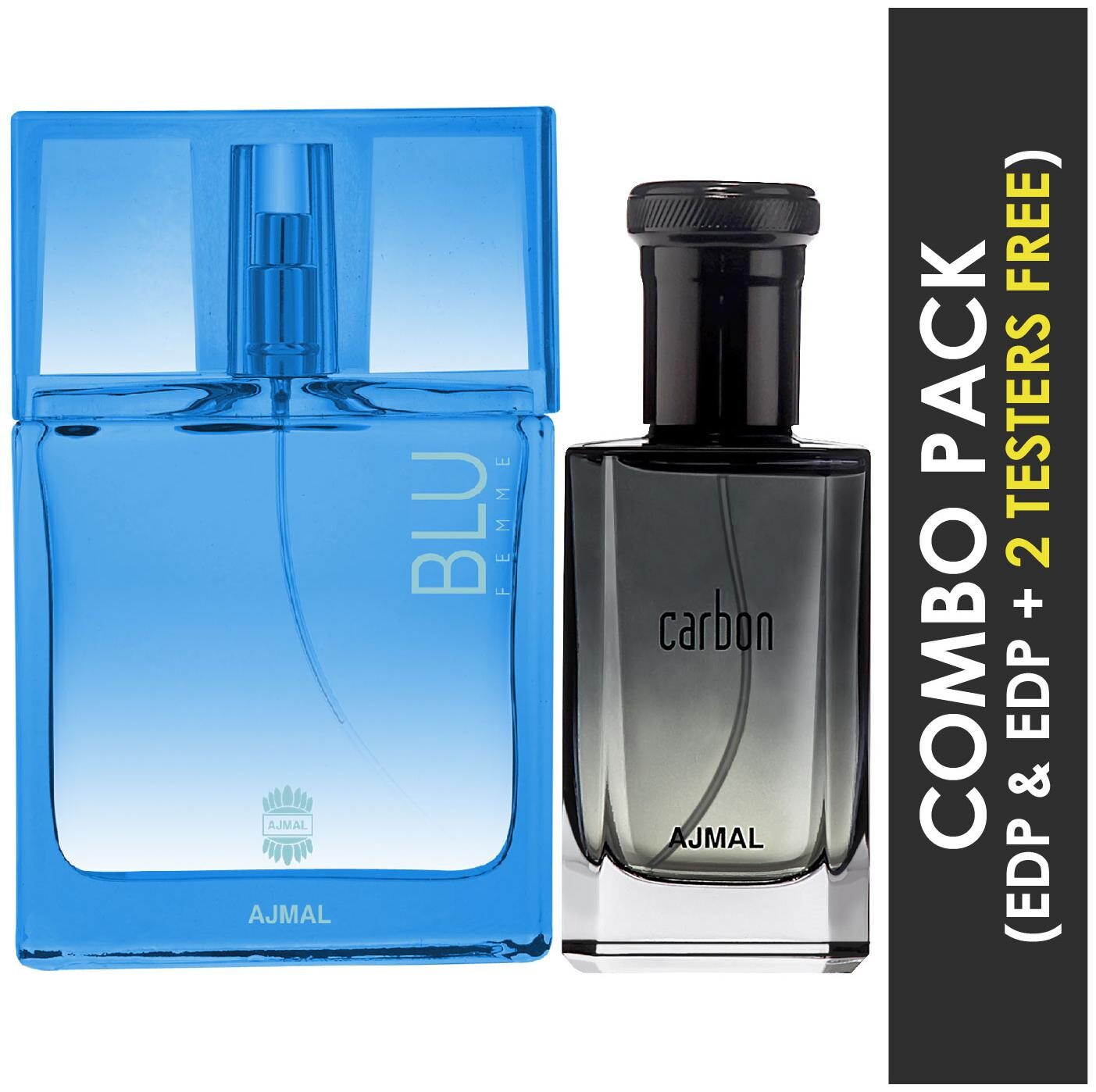 

Ajmal Blu Femme EDP Floral Woody Perfume 50ml for Women and Ajmal Carbon EDP Citrus Spicy Perfume 100ml for Men (Pack of 2)