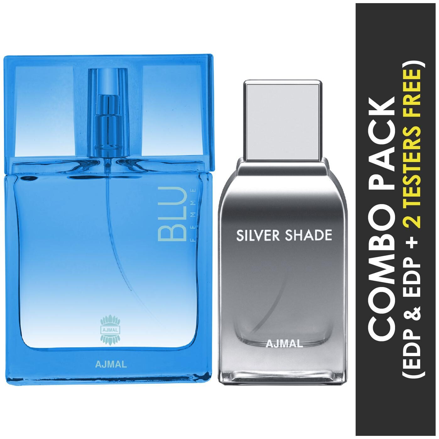 

Ajmal Blu Femme EDP Floral Woody Perfume 50ml for Women and Silver Shade EDP Citrus Woody Perfume 100ml for Men
