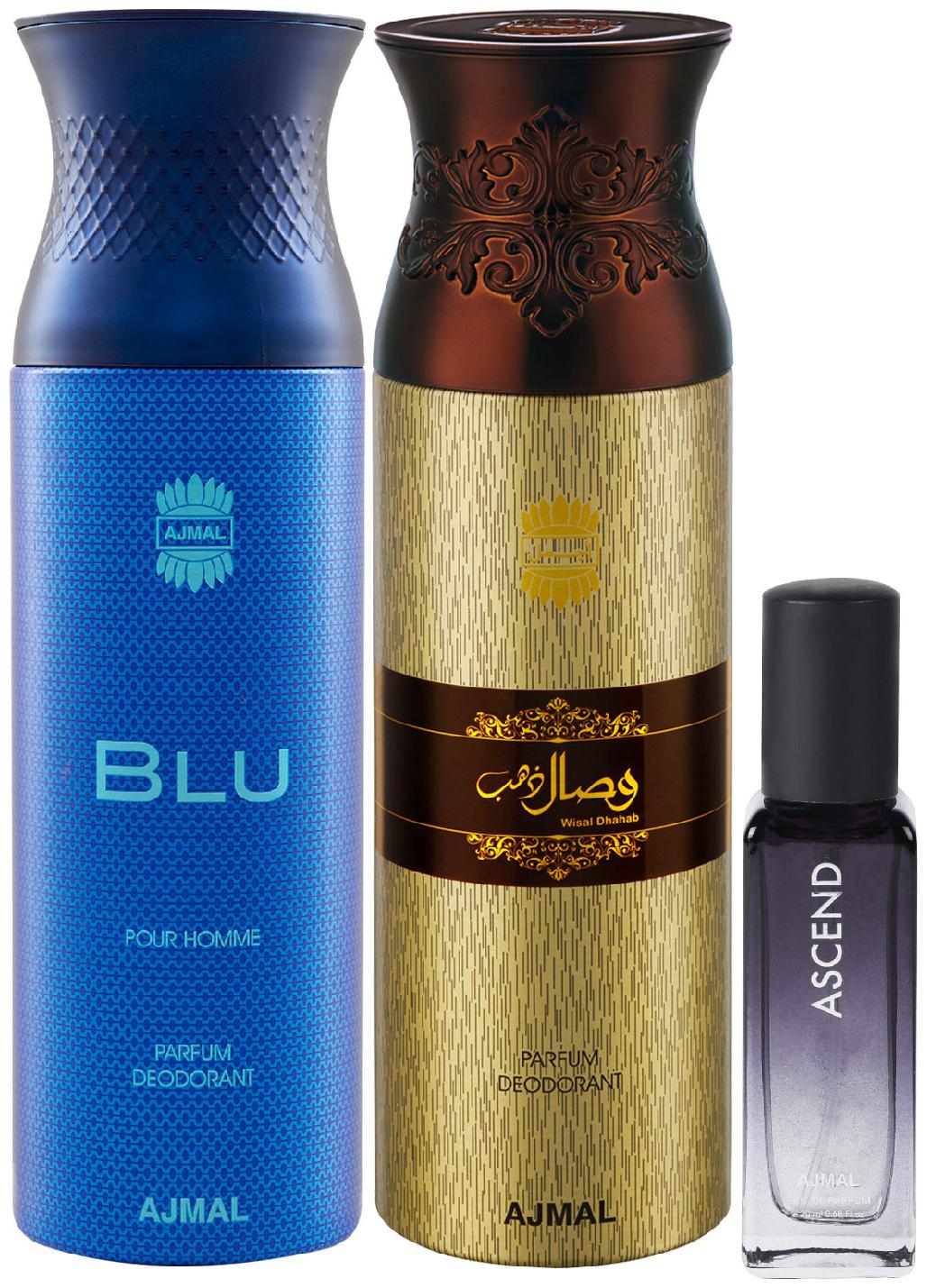 

Ajmal Blu Homme Wisal Dhahab Deo each 200 ml Ascend EDP 20 ml Pack of 3 for Men Women