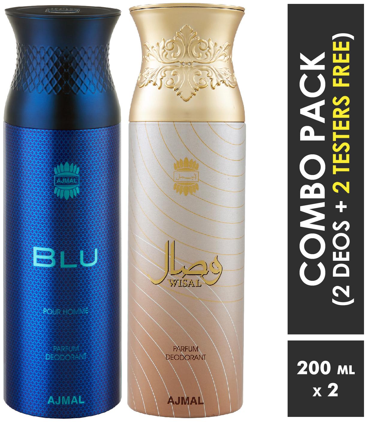 

Ajmal Blu Homme Wisal Deodorant Spray For Men Women 200ml each (Pack of 2 400ml) 2 Parfum Testers Free
