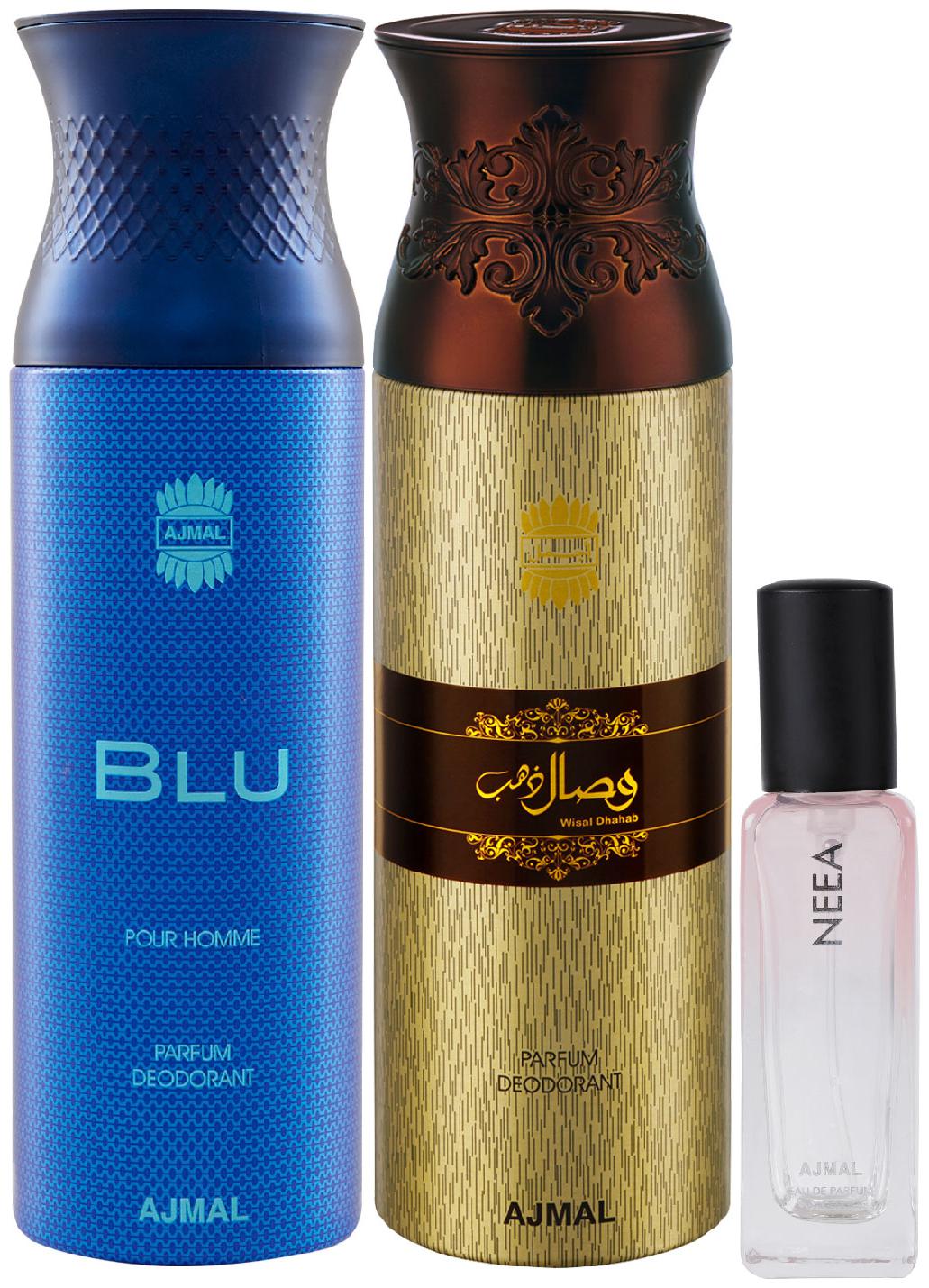 

Ajmal Blu Homme Wisal Dhahab Deo each 200 ml Neea EDP 20 ml Pack of 3 for Men Women