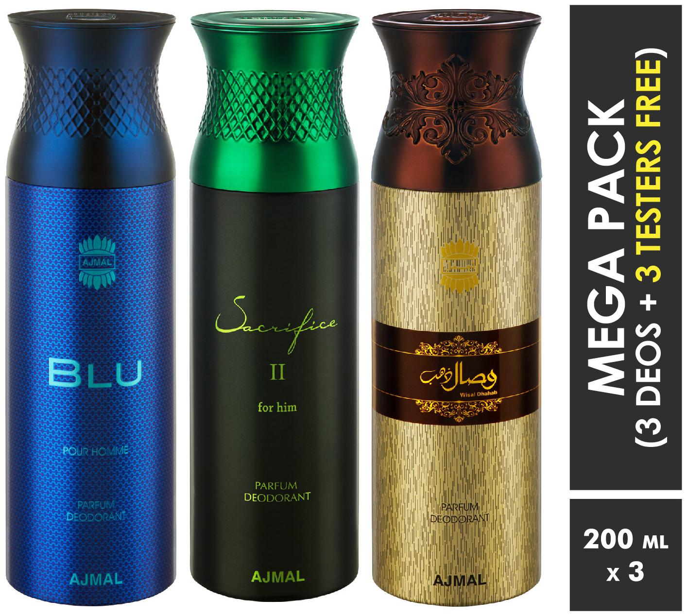 

Ajmal Blu Sacrifice II Wisal Dahab Deodorant Spray For Men 200ml each (Pack of 3 600ml) 3 Parfum Testers Free